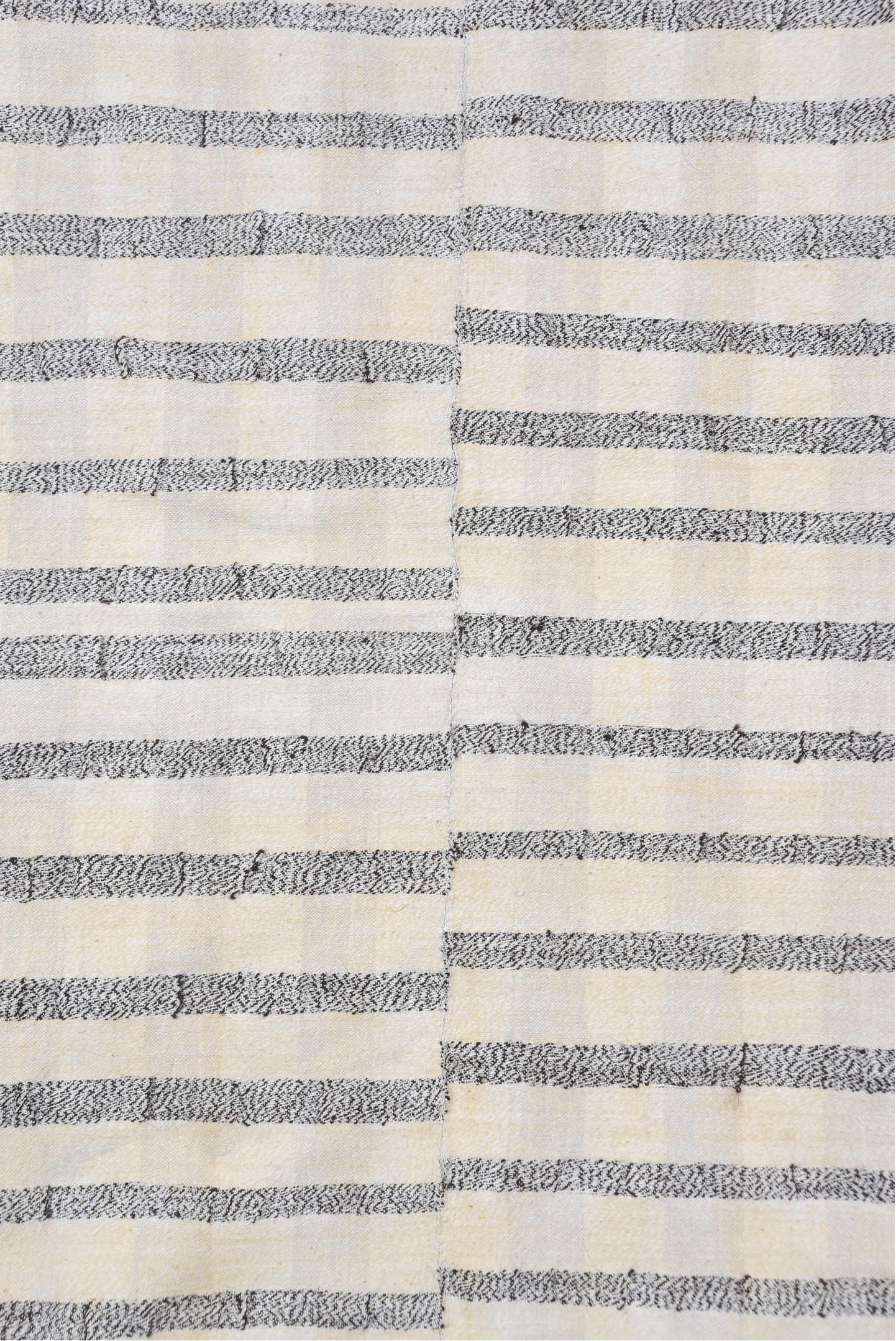 7' x 10' one-of-a-kind handmade vintage Textile large size rug. Color palette: dark gray, gainsboro, gray, light gray, linen