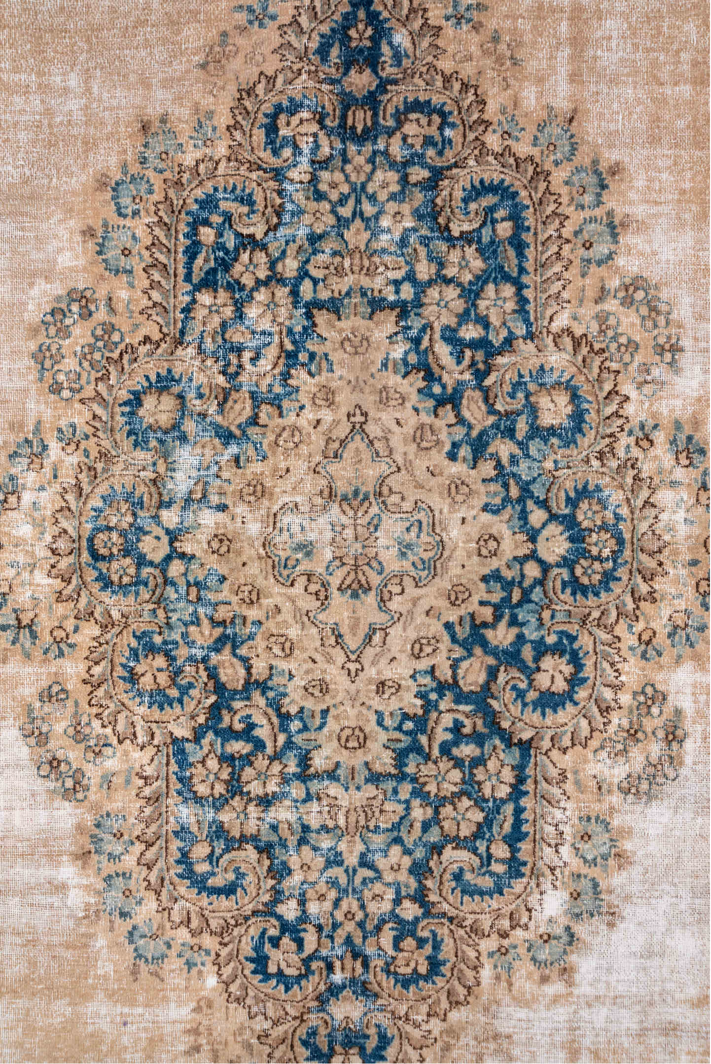 9' x 15' one-of-a-kind handmade vintage Kerman rug. Color palette: blue, brown, fiord, gainsboro, gray, light gray