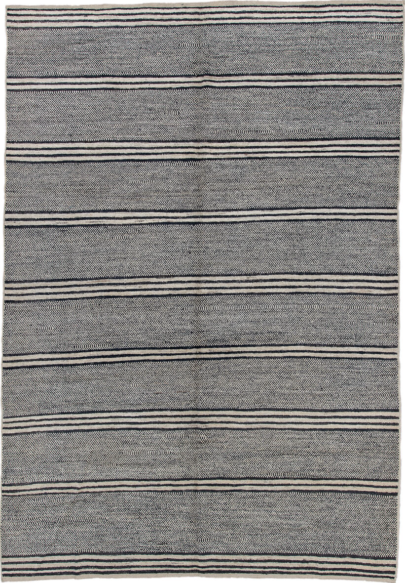 6' x 9' one-of-a-kind handmade vintage Tulu medium size rug. Color palette: black, blue, charcoal, dark gray, dim gray