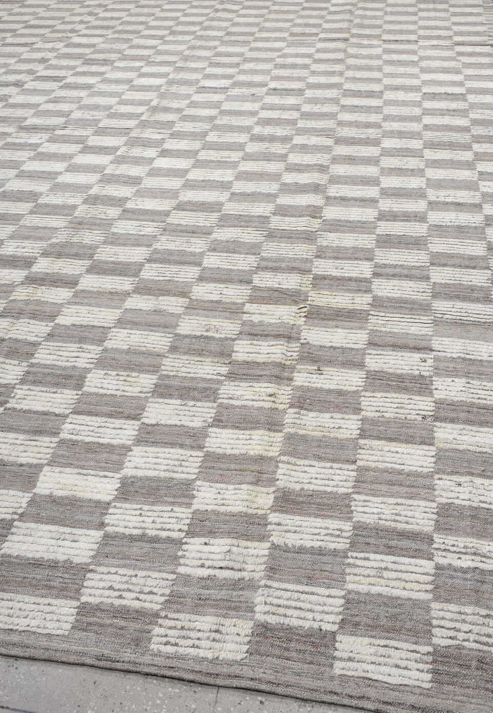 10' x 14' one-of-a-kind handmade vintage Tulu large size rug. Color palette: gray, light gray, off-white, dark gray