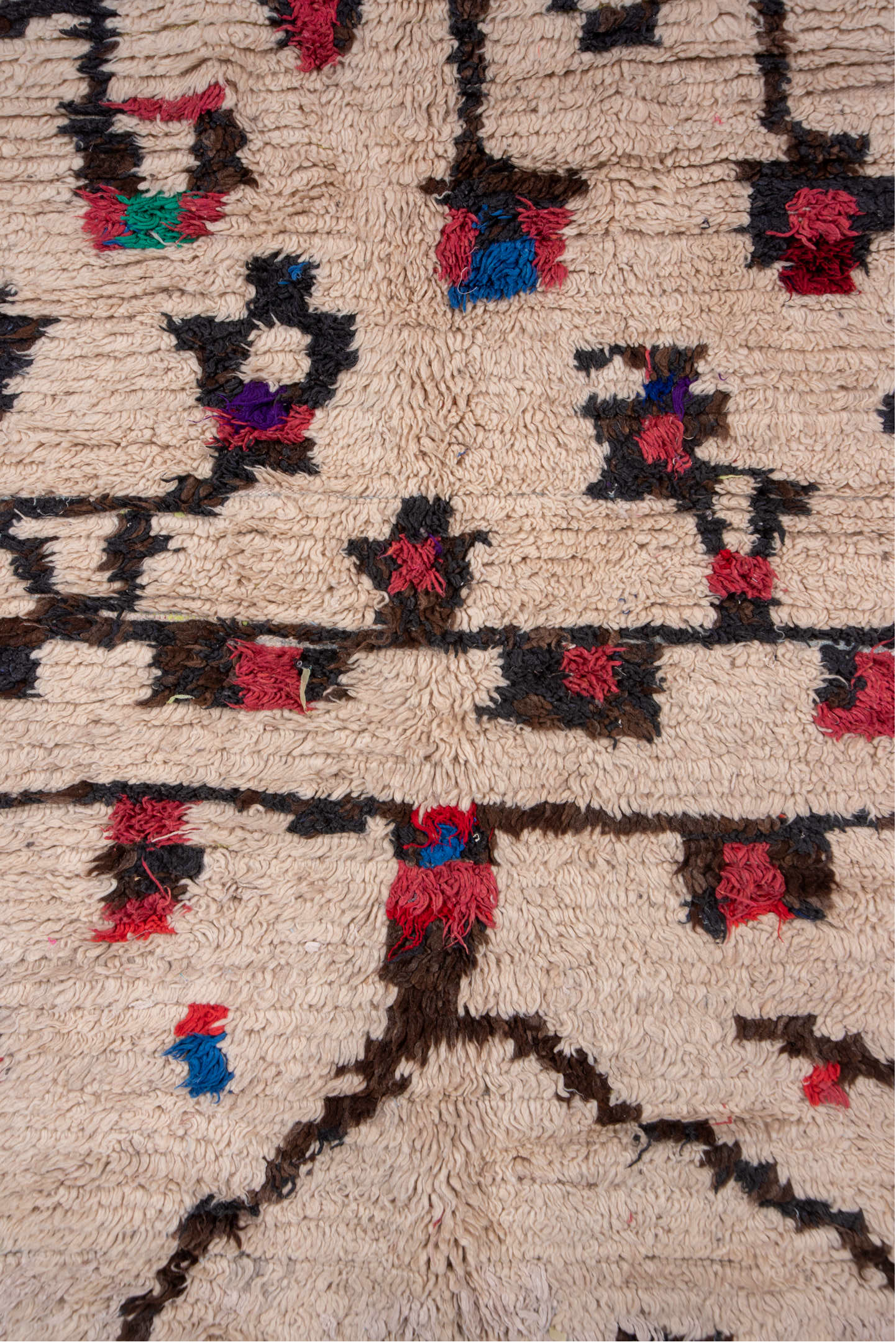 4' x 6' one-of-a-kind handmade vintage Moroccan small size rug. Color palette: brown, red, pink, light gray, off-white, gray