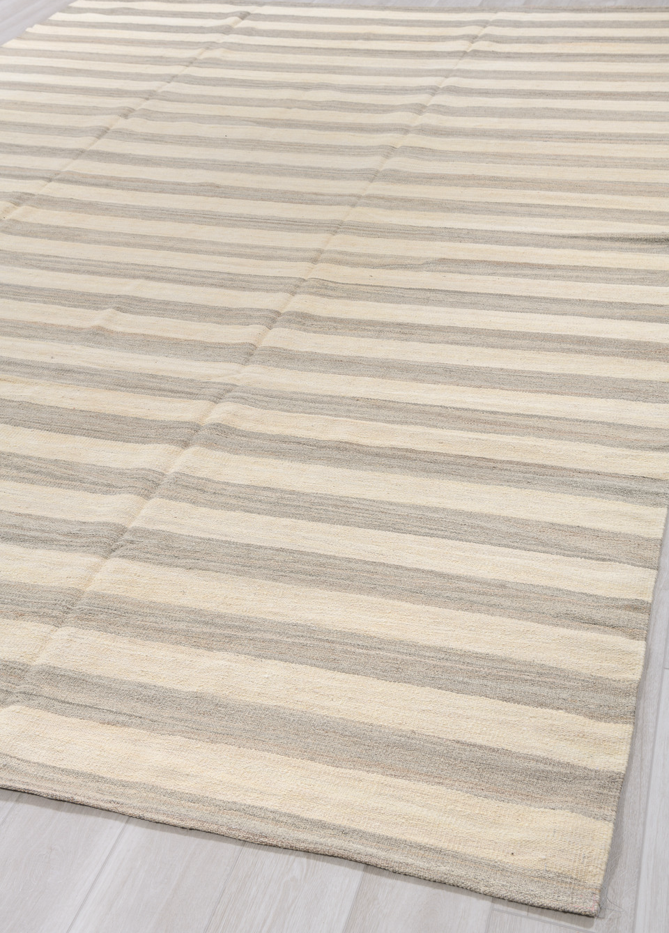 9' x 13' one-of-a-kind handmade vintage Kilim large size rug. Color palette: brown, gray, light gray, linen, off-white