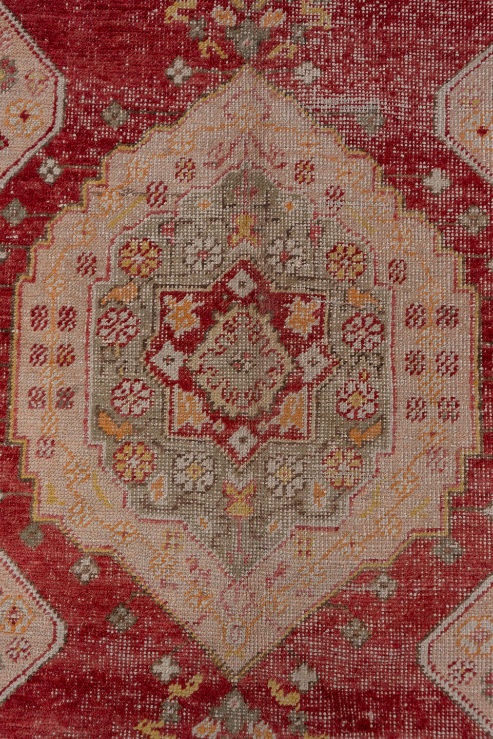 5' x 8' one-of-a-kind handmade vintage Oushak medium size rug. Color palette: brown, gray, pink, red, redwood, wine