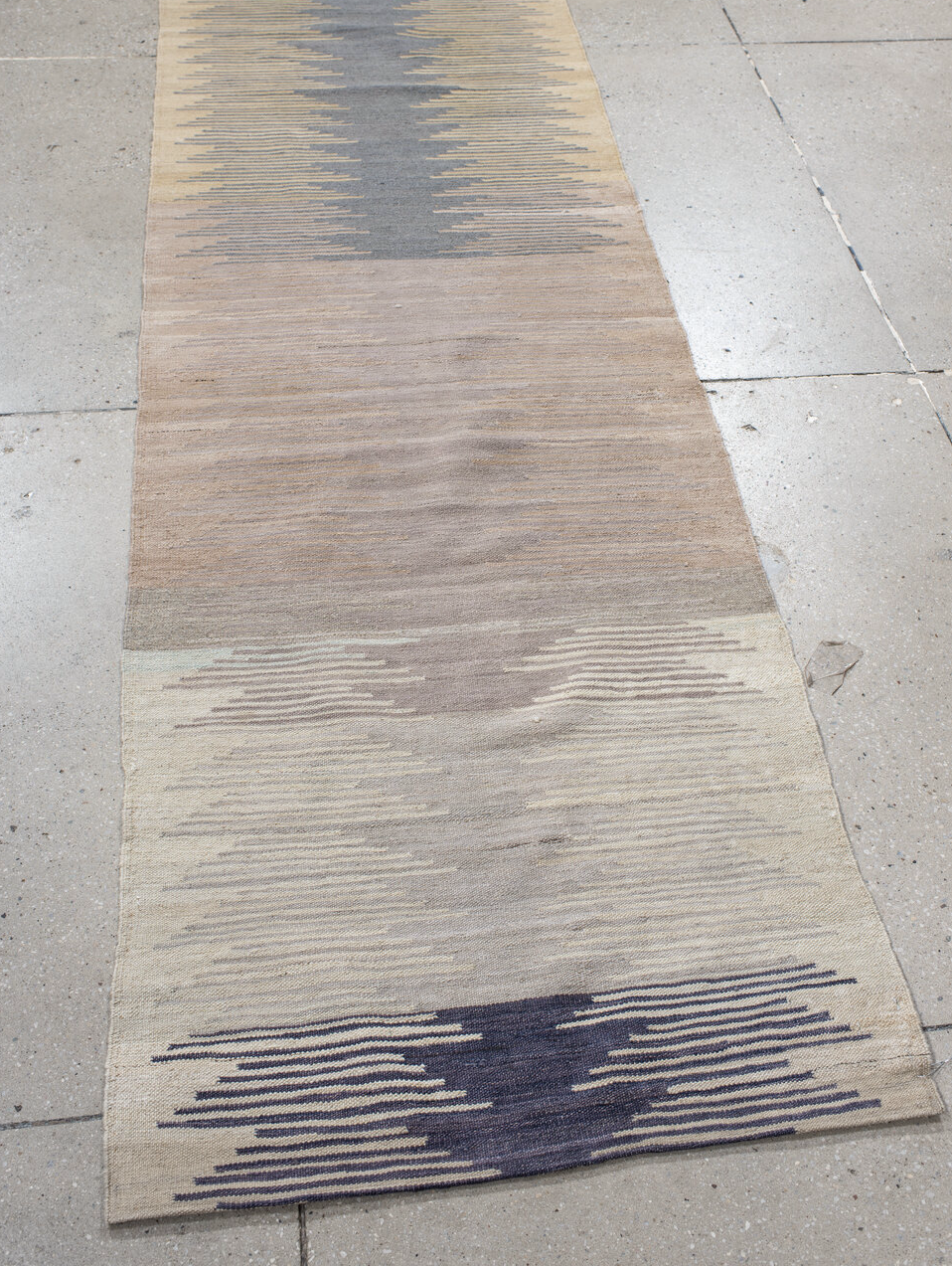 2' x 9' one-of-a-kind handmade vintage Kilim runner rug. Color palette: blue, dim gray, gray, light gray, off-white, pink