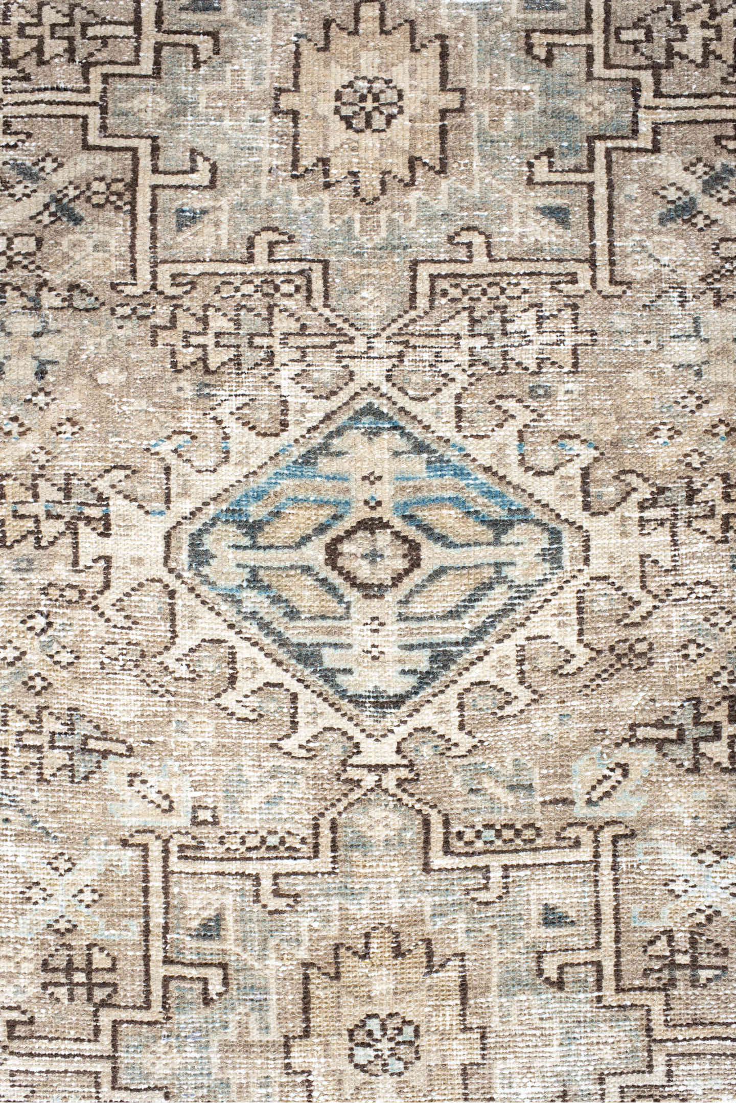 2' x 4' one-of-a-kind handmade vintage Karaje small size rug. Color palette: antiquewhite, black, blue, brown, charcoal