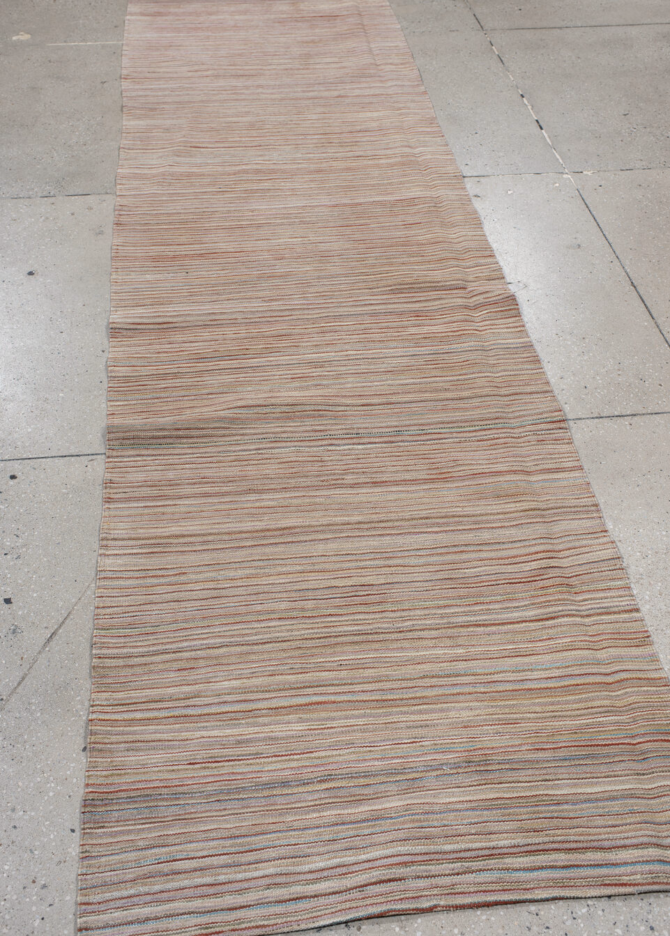 2' x 12' one-of-a-kind handmade vintage Kilim runner rug. Color palette: brown, dark gray, gray, light gray, off-white