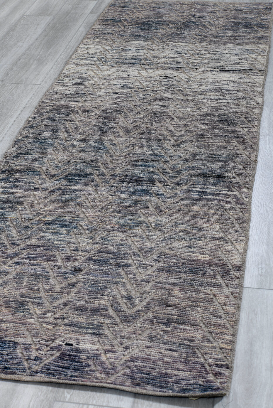 3' x 9' one-of-a-kind handmade vintage Tulu runner rug. Color palette: black, blue, charcoal, dark gray, dim gray, fiord