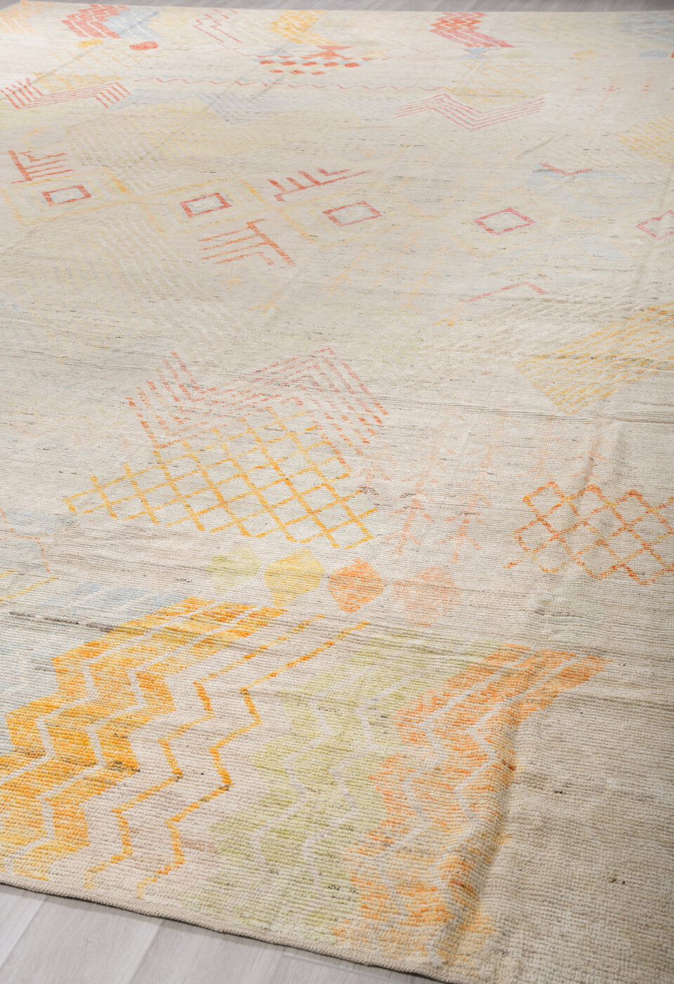 13' x 19' one-of-a-kind handmade vintage Tulu oversize rug. Color palette: blanched almond, brown, burlywood, gray