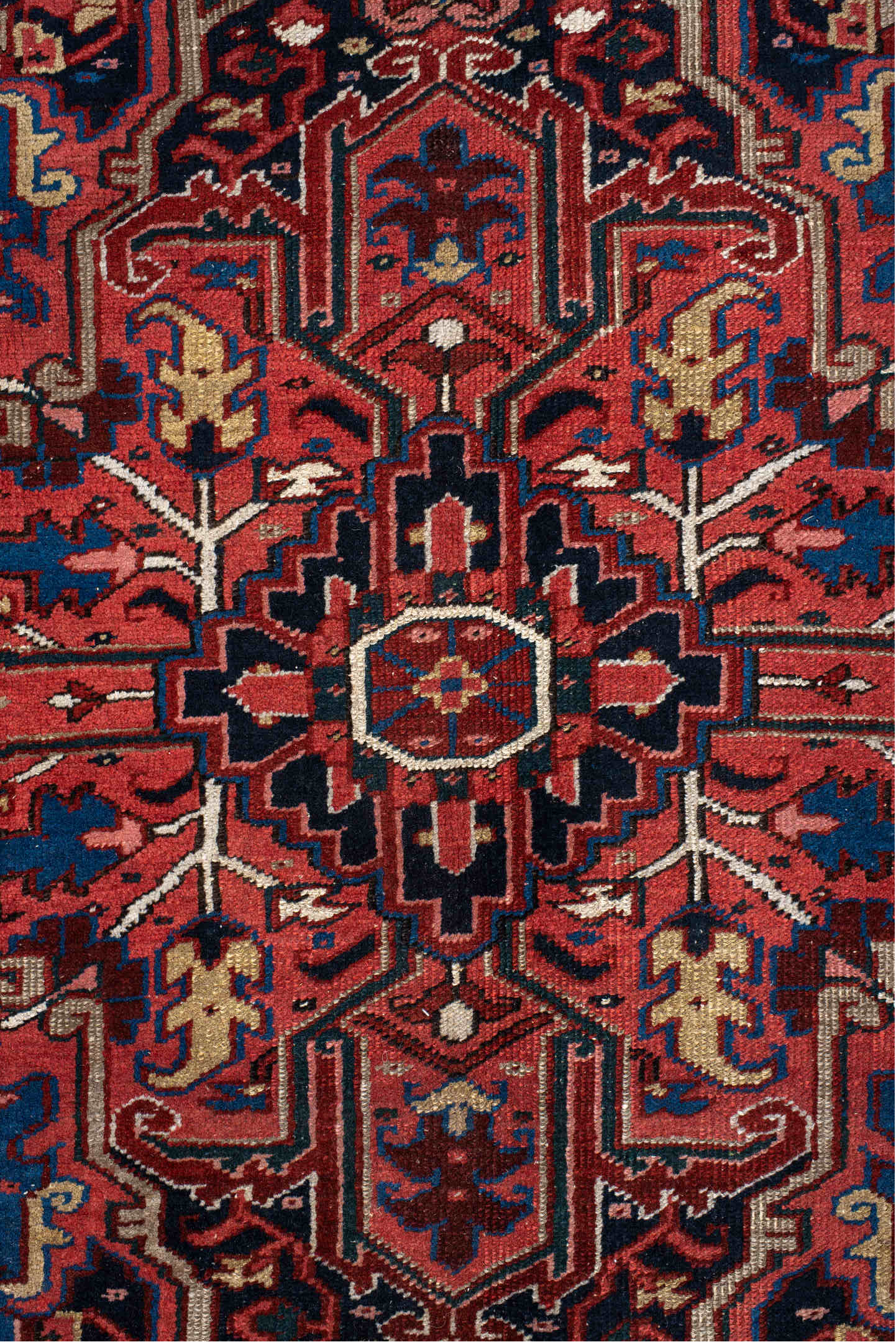9' x 11' one-of-a-kind handmade vintage Heriz large size rug. Color palette: off-white, red, pink, gray, blue, brown, black