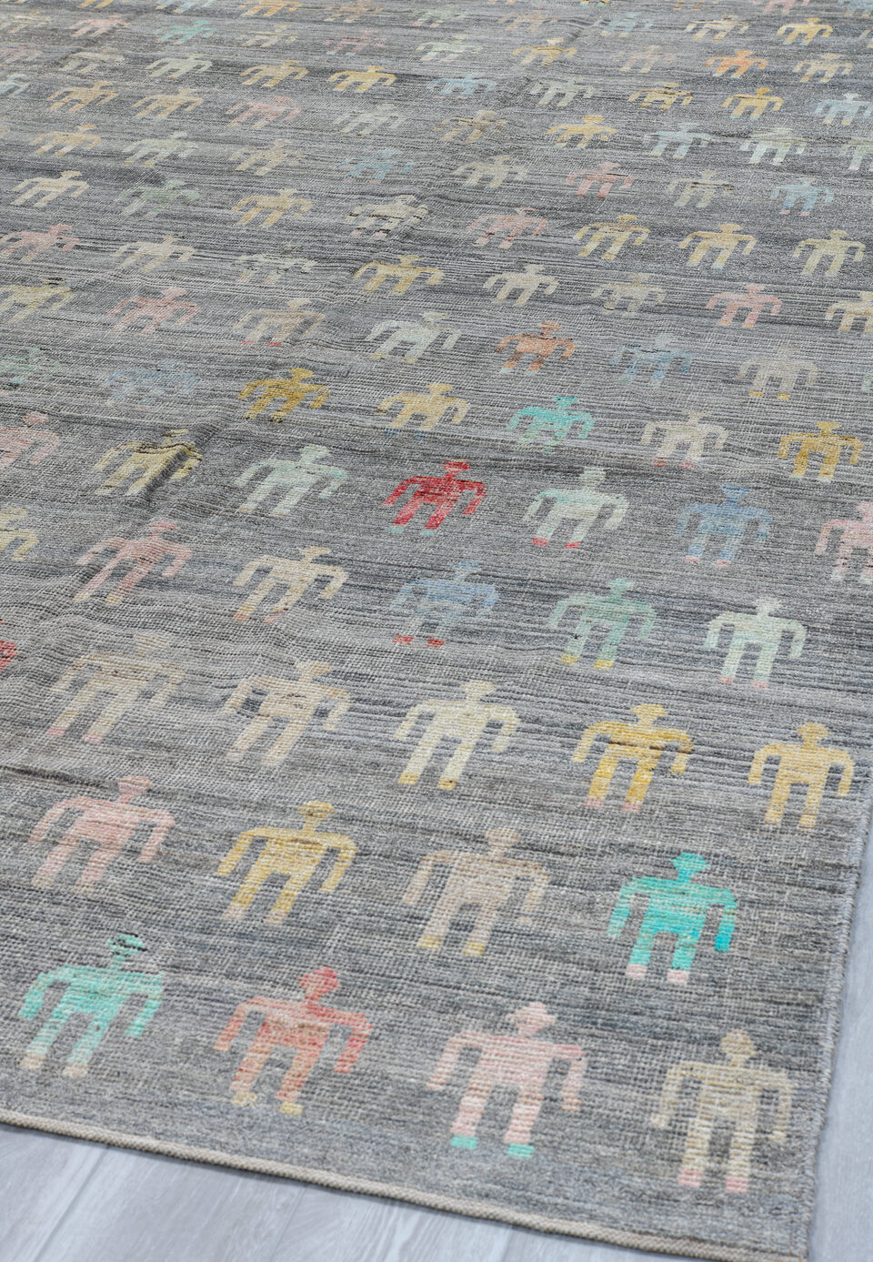 10' x 13' one-of-a-kind handmade vintage Tulu large size rug. Color palette: black, blue, brown, dark gray, dim gray, gray