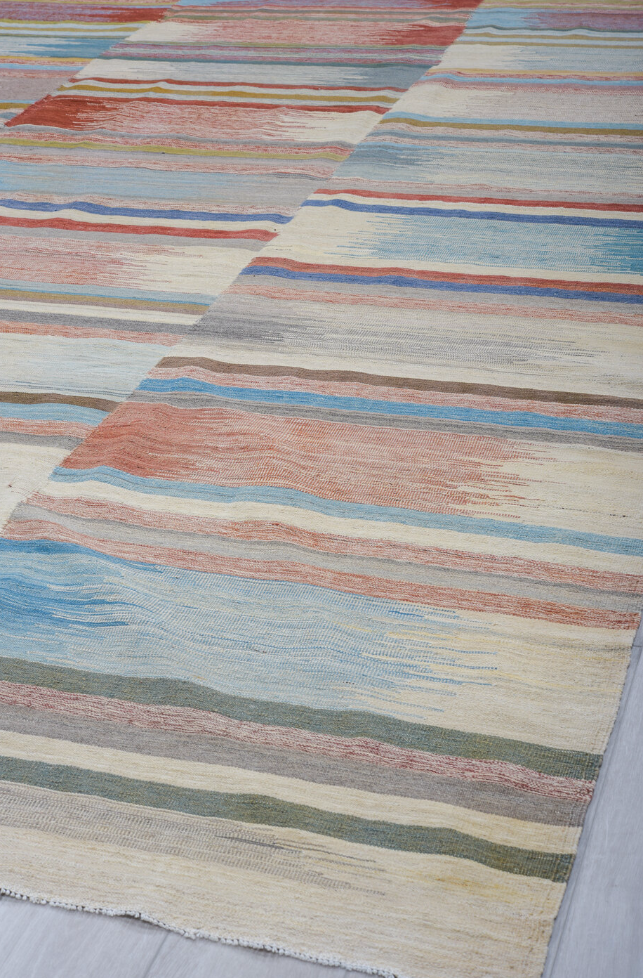 7' x 11' one-of-a-kind handmade vintage Kilim large size rug. Color palette: blue, gray, light blue, light gray