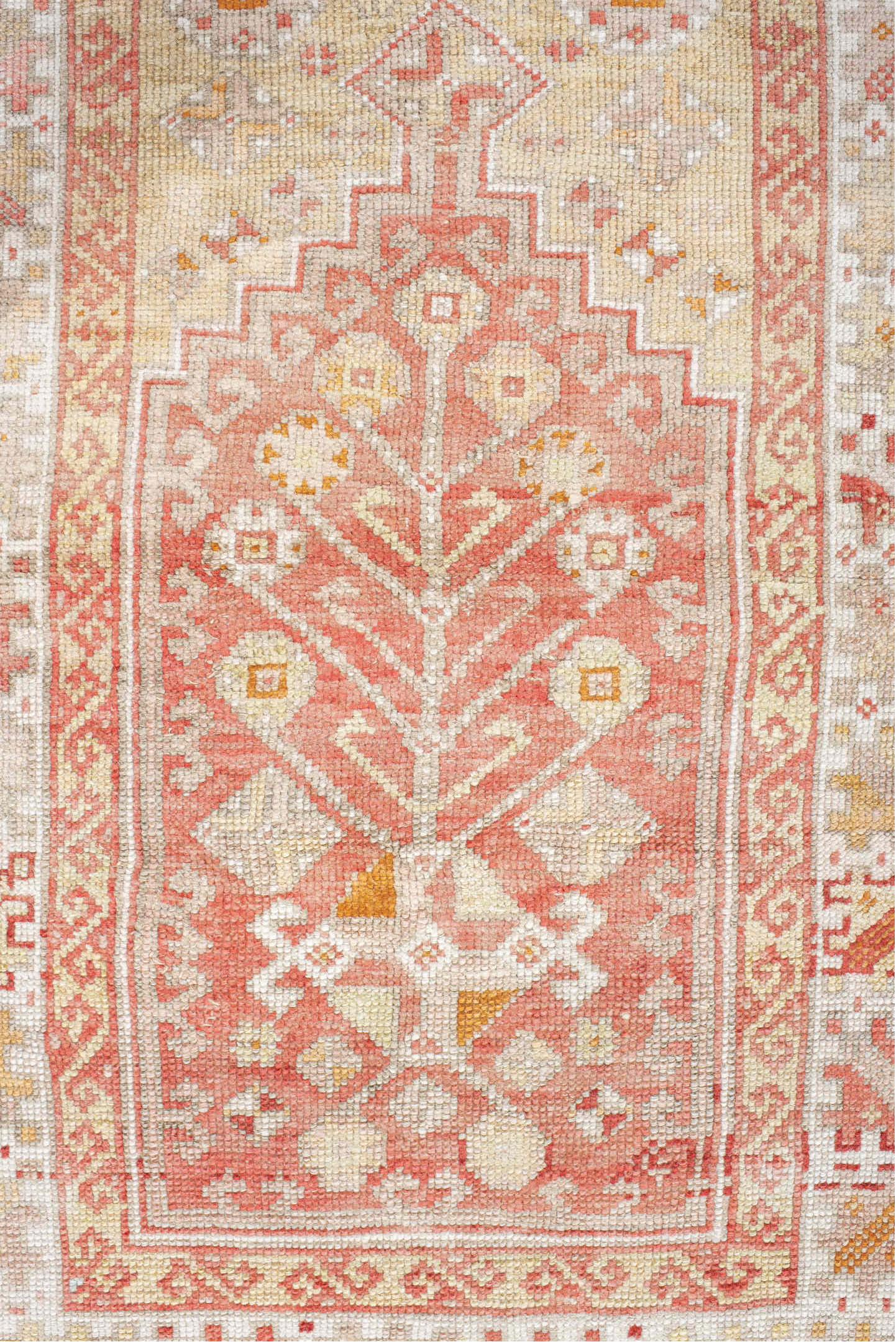 3' x 5' one-of-a-kind handmade vintage Anatol small size rug. Color palette: brown, pink, gray, red, off-white, orange