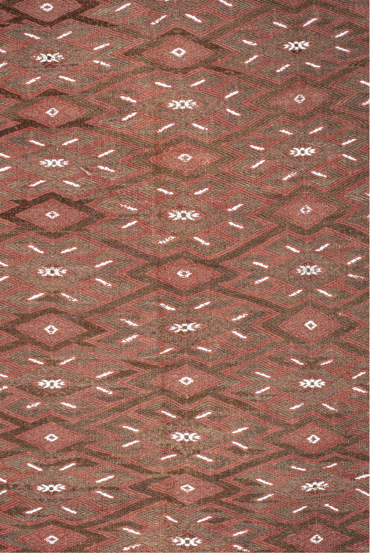 7' x 12' one-of-a-kind handmade vintage Kilim large size rug. Color palette: antiquewhite, brown, gray, lavender blush