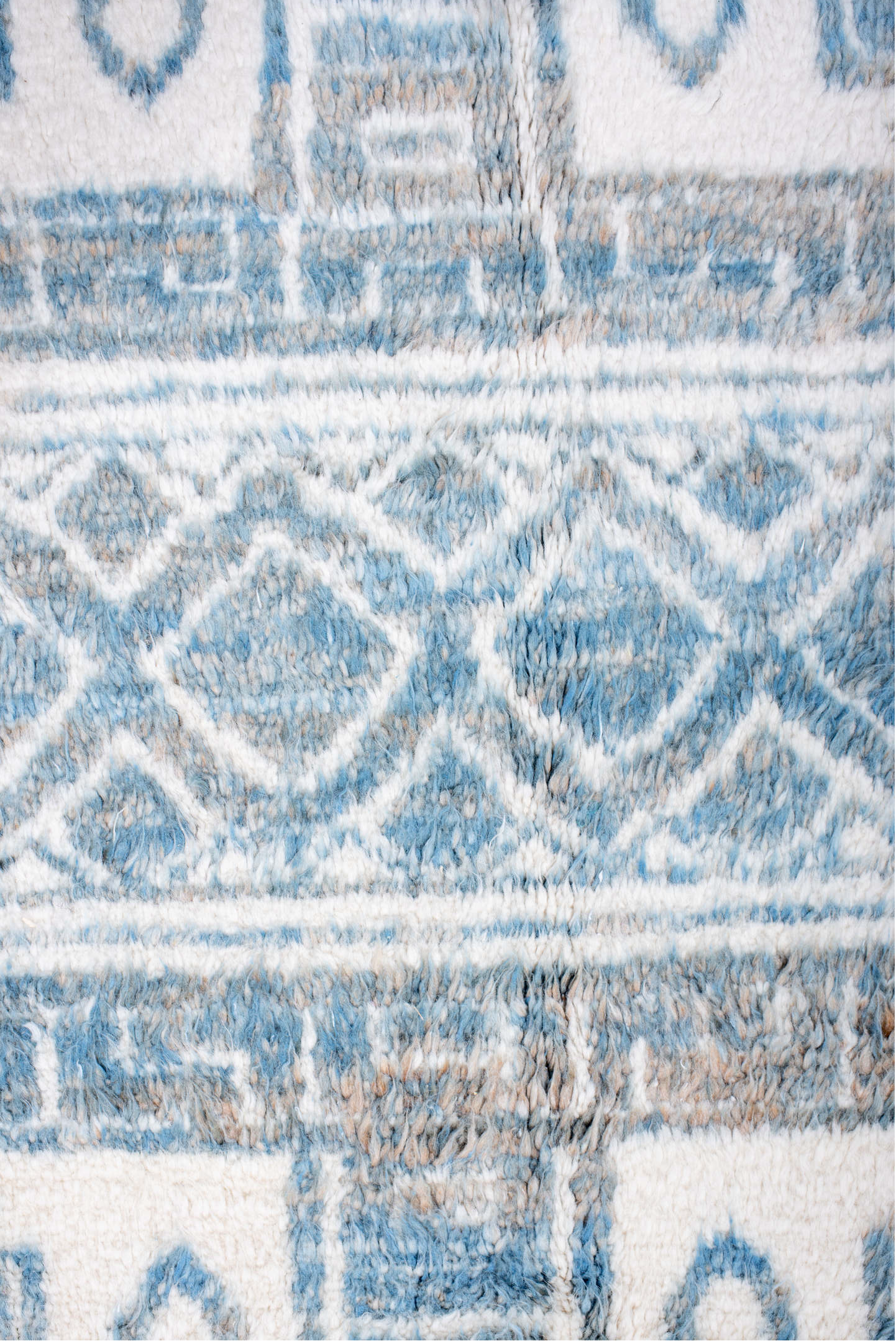 8' x 11' one-of-a-kind handmade vintage Moroccan large size rug. Color palette: blue, light blue, gray, off-white
