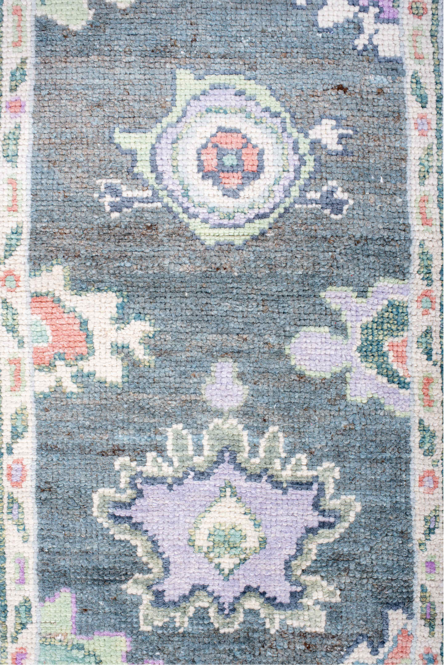 3' x 6' one-of-a-kind handmade vintage Oushak runner rug. Color palette: blue, dim gray, gray, light blue, light gray