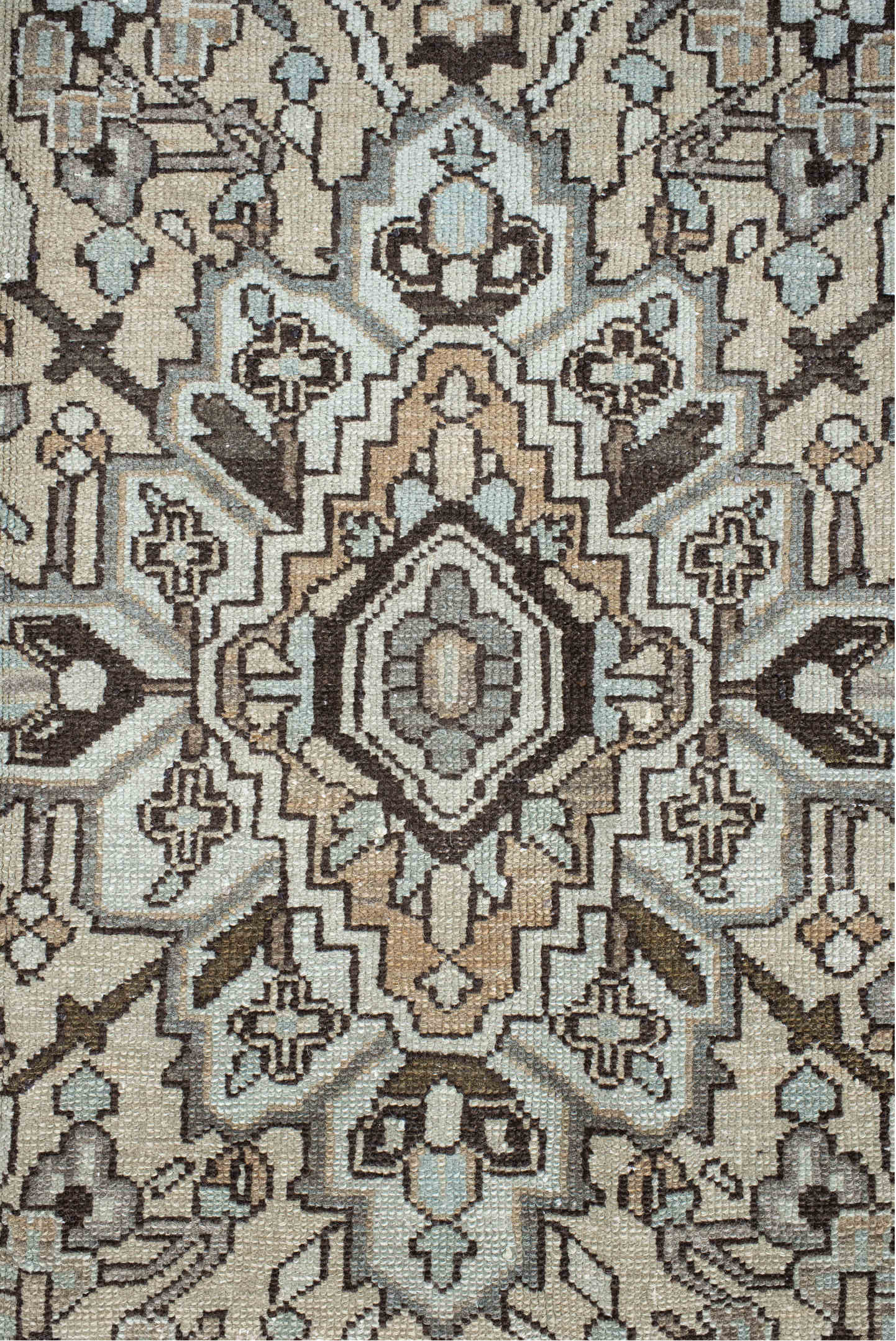 9' x 12' one-of-a-kind handmade vintage Baktiary large size rug. Color palette: light gray, off-white, gray, black, brown