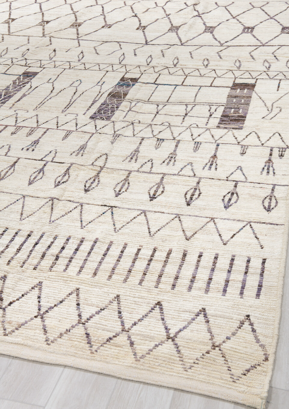 10' x 14' one-of-a-kind handmade vintage Tulu large size rug. Color palette: black, brown, gray, light gray, linen