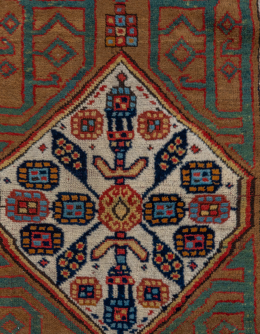 3' x 12' one-of-a-kind handmade vintage Cam Hamadan runner rug. Color palette: blue, brown, dark gray, gray, off-white, red