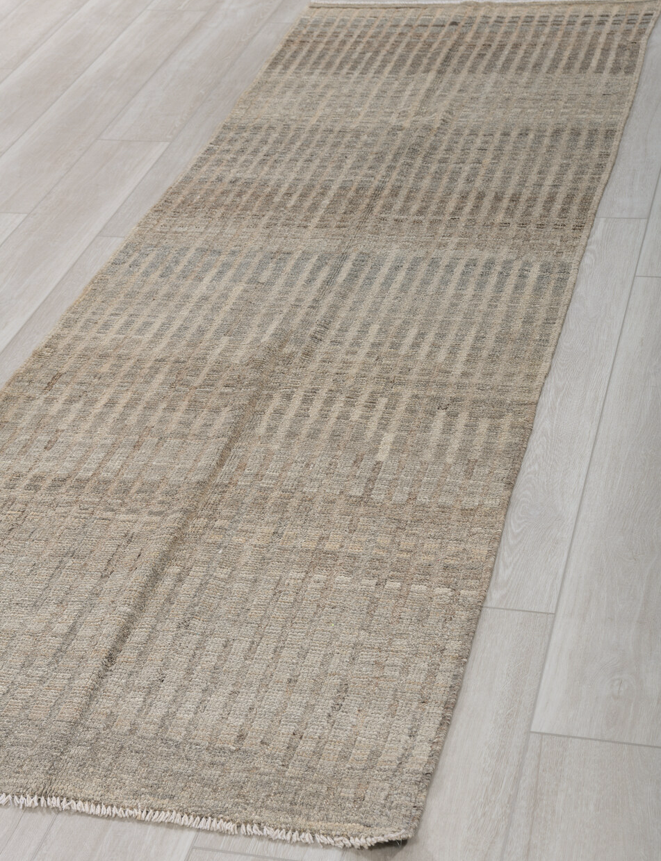 3' x 9' one-of-a-kind handmade vintage Tulu runner rug. Color palette: black, dark gray, gray, light gray, off-white, silver