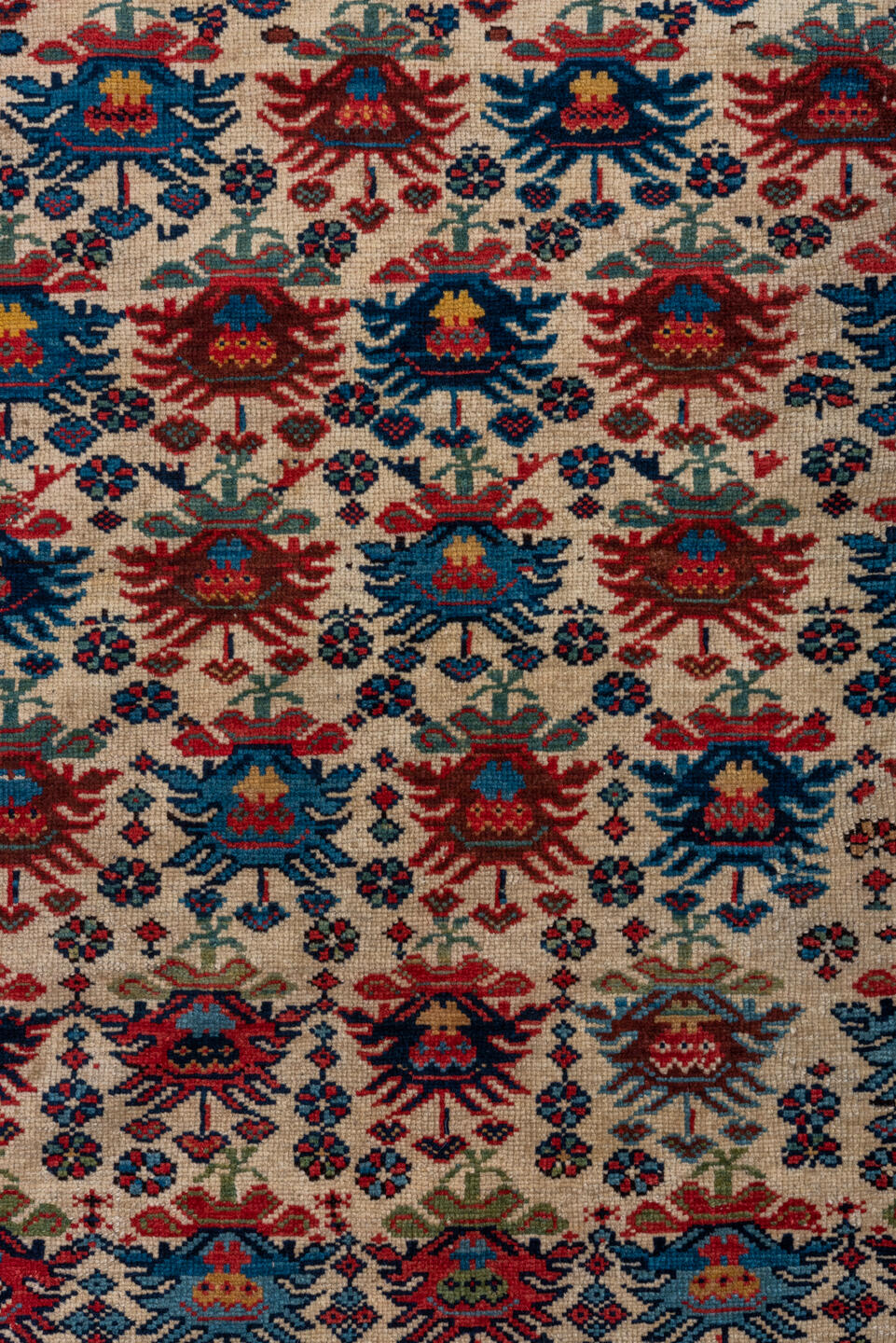 4' x 5' one-of-a-kind handmade vintage Shirvan small size rug. Color palette: arapawa, black, blue, brown, charcoal