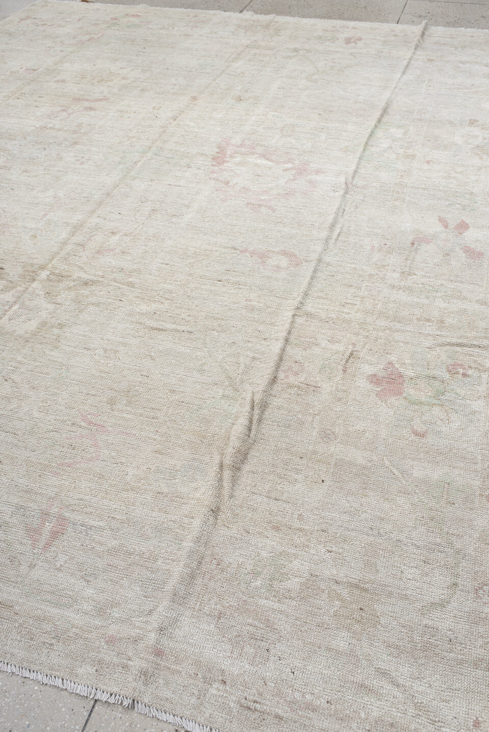 10' x 12' one-of-a-kind handmade vintage Tulu large size rug. Color palette: gray, light gray, off-white, pink, gainsboro