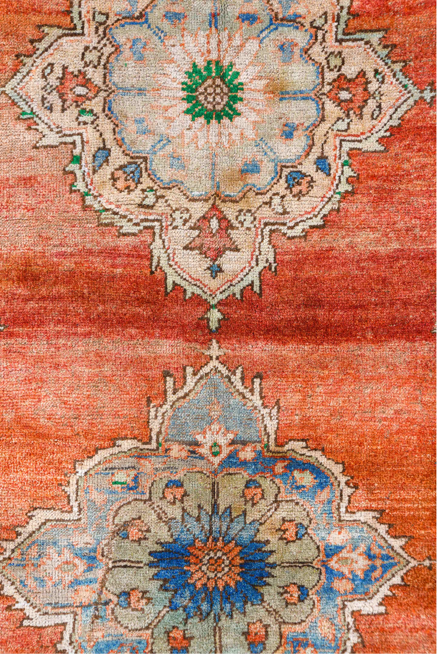 7' x 8' one-of-a-kind handmade vintage Oushak rug. Color palette: blue, brown, gray, light gray, off-white, pink, red