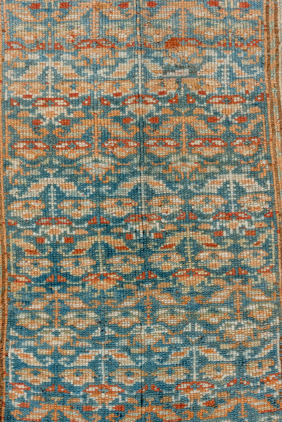 2' x 14' one-of-a-kind handmade vintage Malayer runner rug. Color palette: blue, brown, dark slate gray, gray, light gray