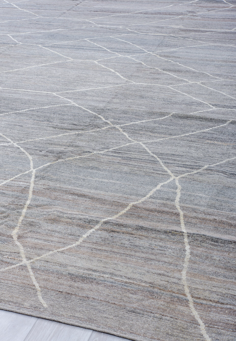 12' x 15' one-of-a-kind handmade vintage Tulu oversize rug. Color palette: black, blue, dark gray, dim gray, gainsboro, gray