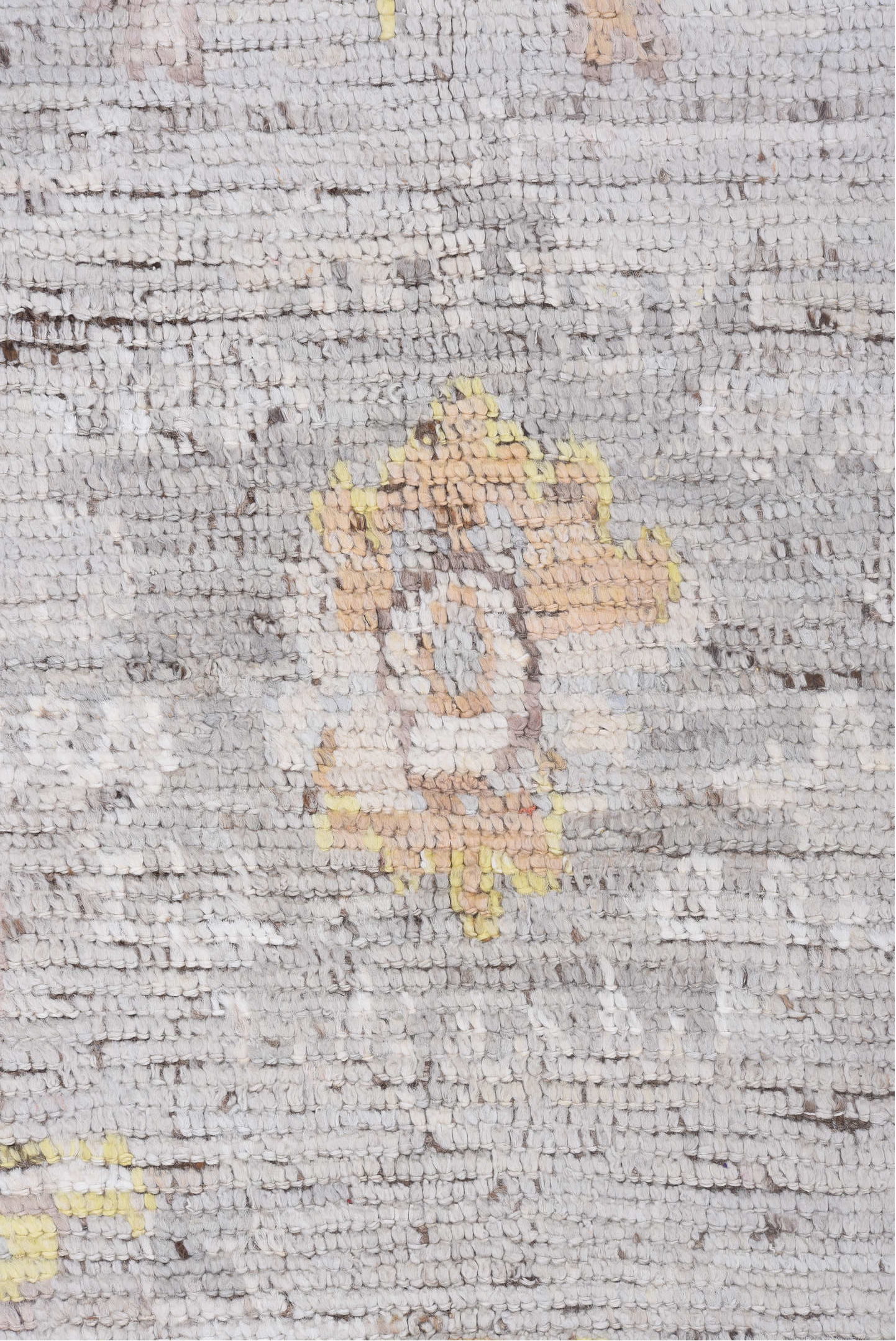 9' x 12' one-of-a-kind handmade vintage Tulu large size rug. Color palette: gray, pink, off-white, light gray, brown, orange