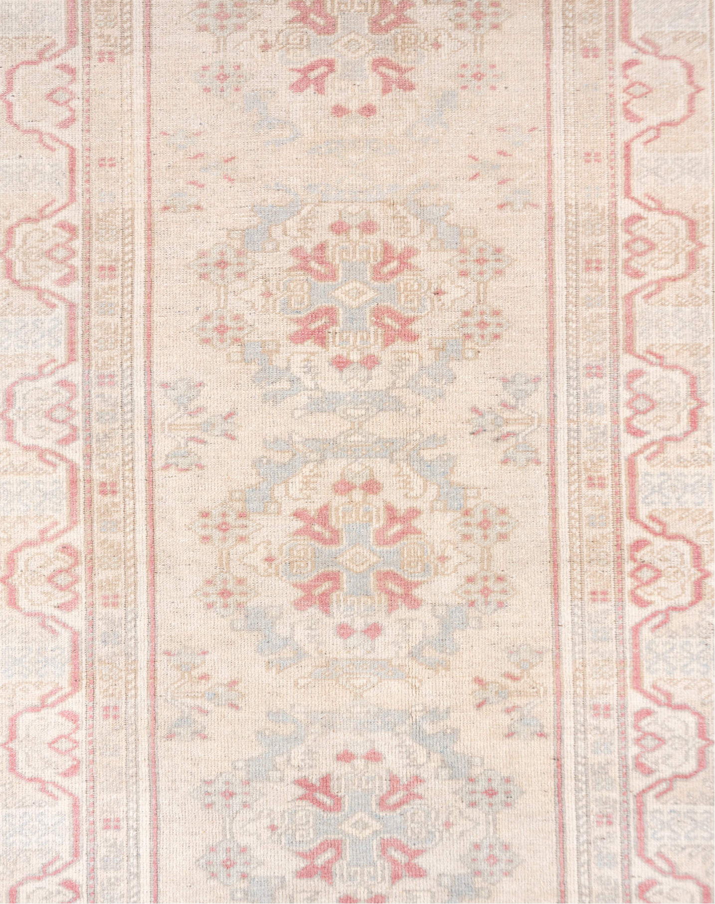 2' x 9' one-of-a-kind handmade vintage Oushak runner rug. Color palette: gray, light gray, off-white, pink, rosy brown, snow