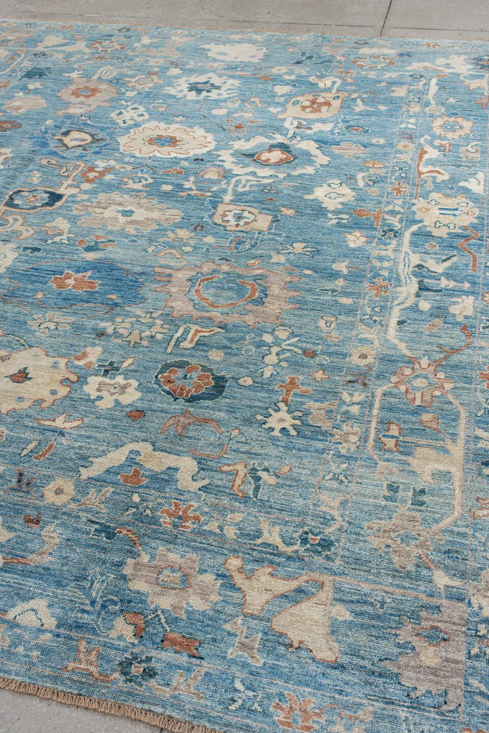 8' x 9' one-of-a-kind handmade vintage Oushak rug. Color palette: gray, blue, light blue, light gray, brown, pink, silver