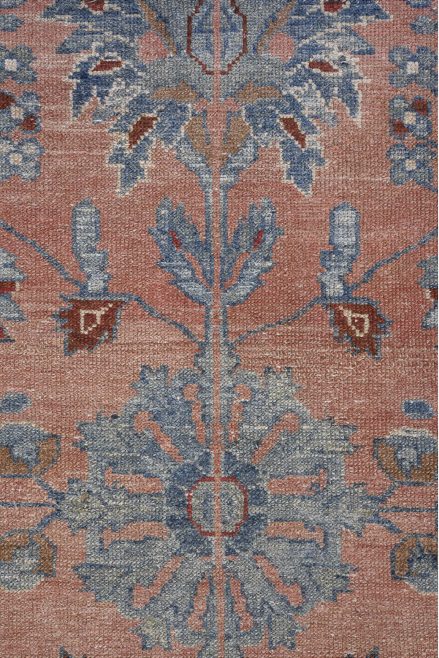 4' x 9' one-of-a-kind handmade vintage Lilian runner rug. Color palette: pink, gray, red, brown, blue, dark gray, slate gray