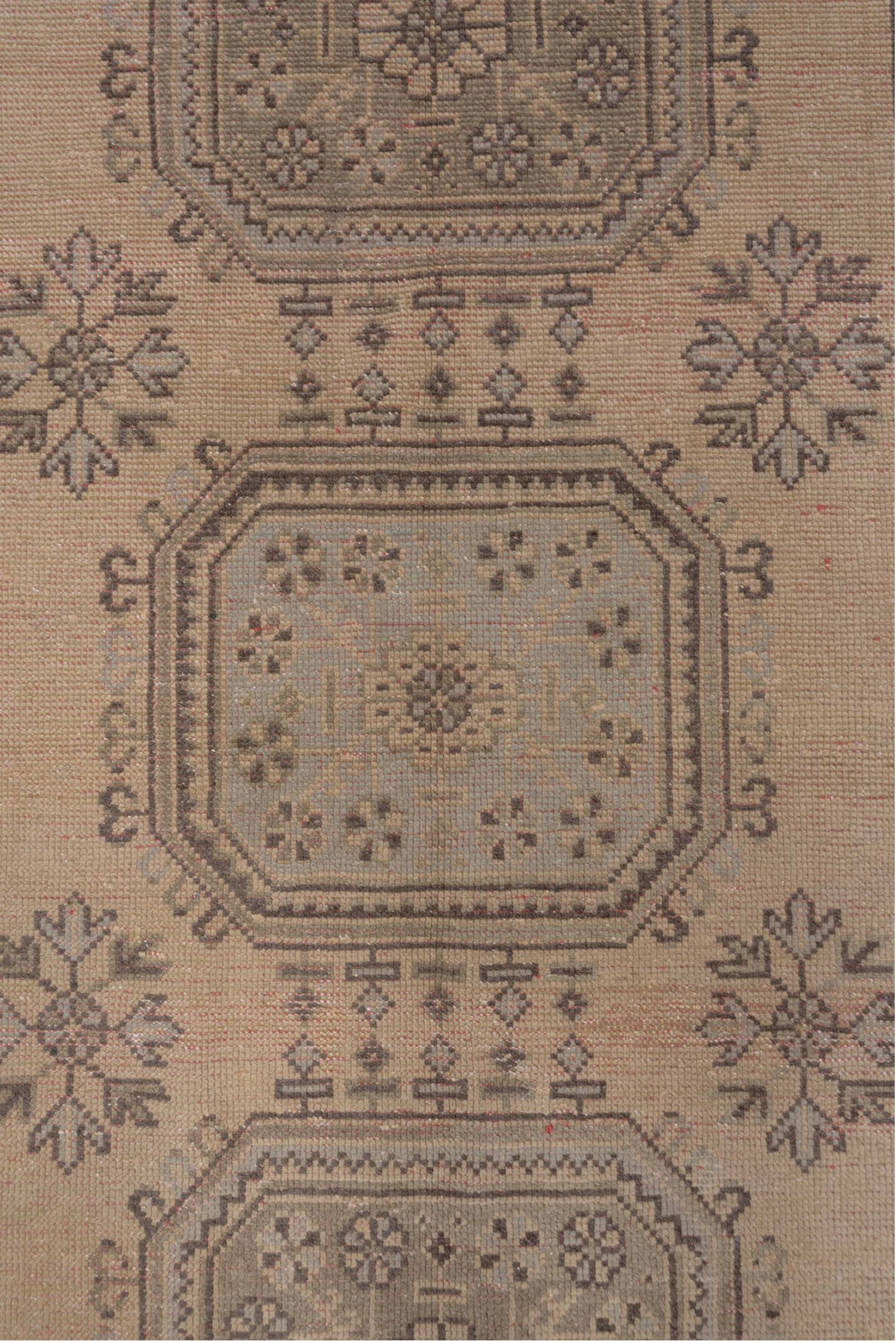 4' x 11' one-of-a-kind handmade vintage Oushak runner rug. Color palette: brown, gray, light gray, off-white, pink, snow