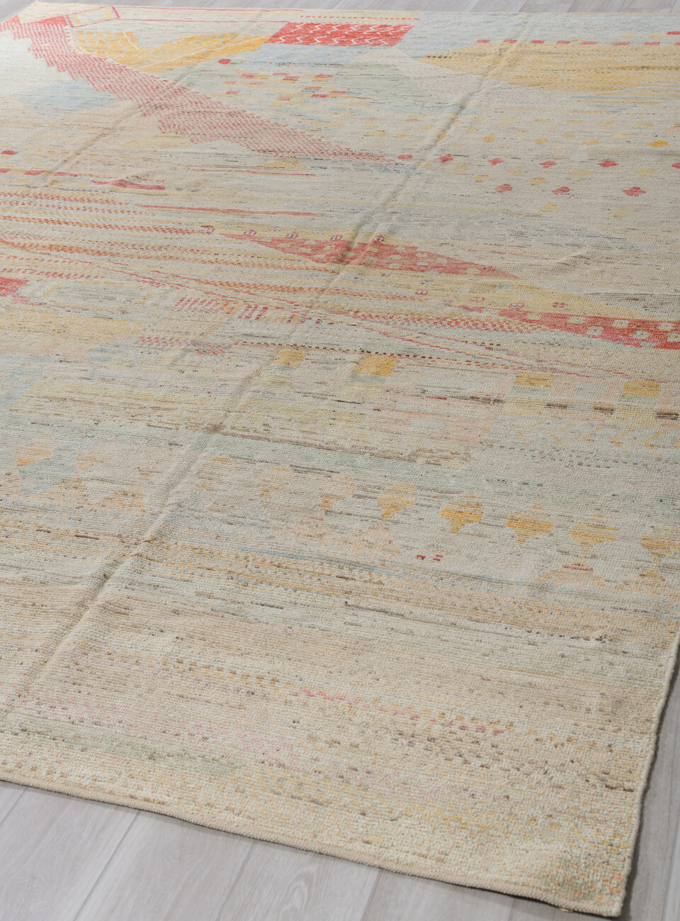 10' x 13' one-of-a-kind handmade vintage Tulu large size rug. Color palette: brown, gray, light gray, off-white, pink, red