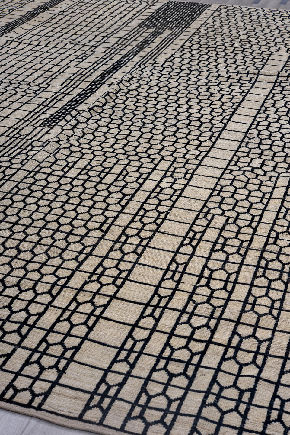 9' x 12' one-of-a-kind handmade vintage Tulu large size rug. Color palette: black, brown, charcoal, gainsboro, gray