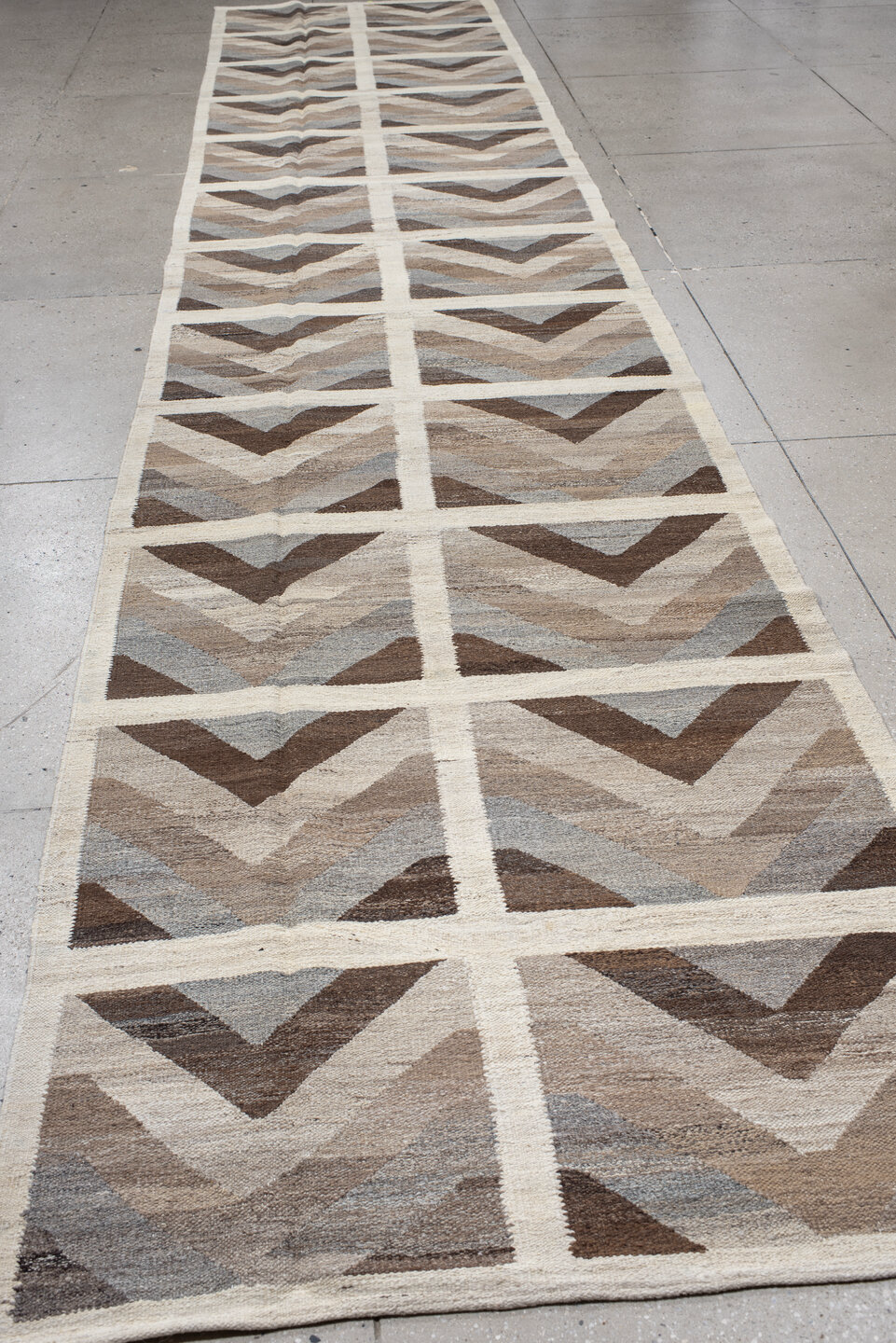 3' x 12' one-of-a-kind handmade vintage Kilim runner rug. Color palette: brown, dim gray, gray, light gray, off-white