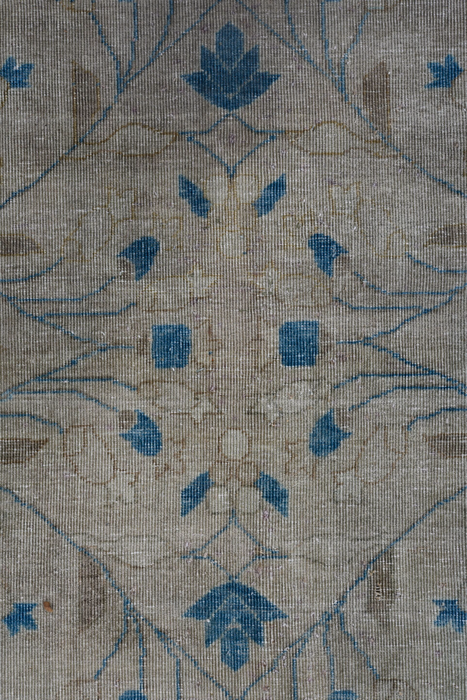 9' x 14' one-of-a-kind handmade vintage Laristan large size rug. Color palette: blue, dark gray, dim gray, fiord, gray