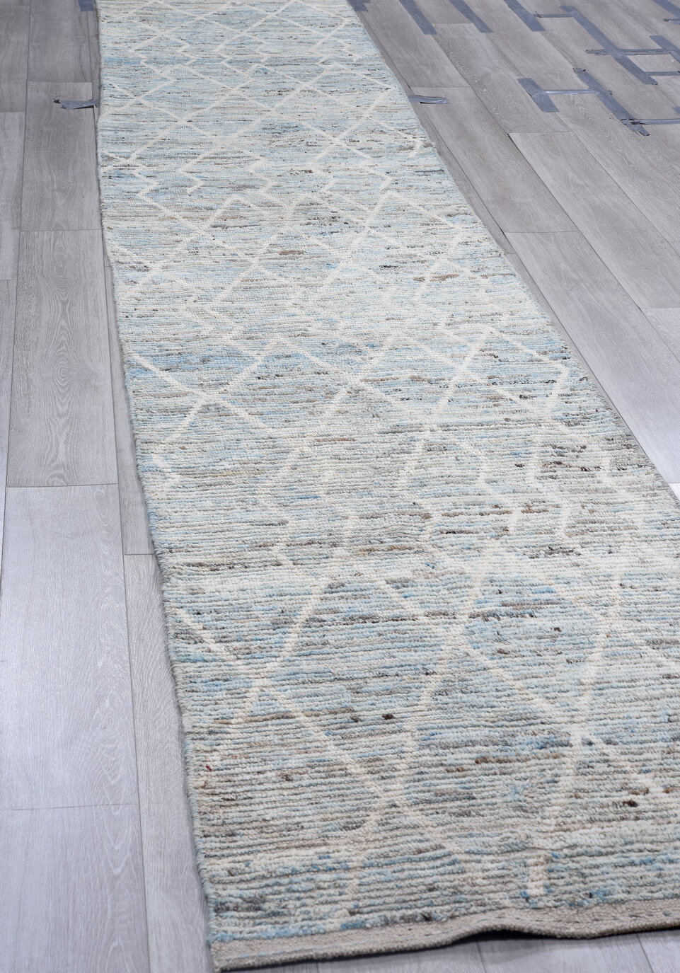 2' x 15' one-of-a-kind handmade vintage Tulu runner rug. Color palette: dark gray, dim gray, gainsboro, gray, light blue