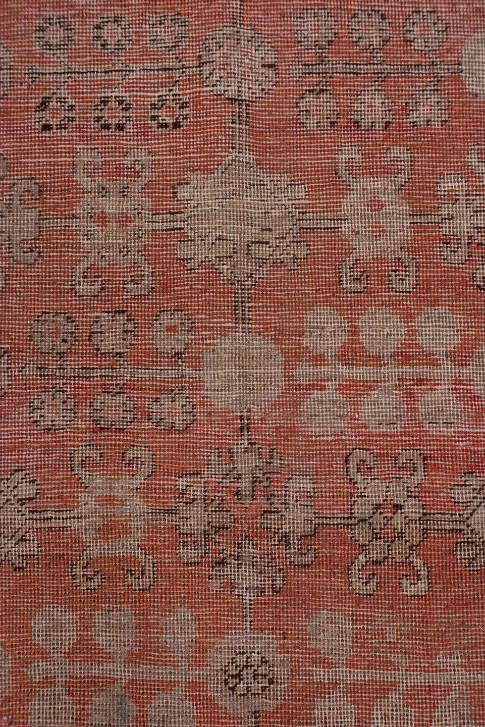 6' x 12' one-of-a-kind handmade vintage Khotan large size rug. Color palette: brown, gray, pink, red, redwood