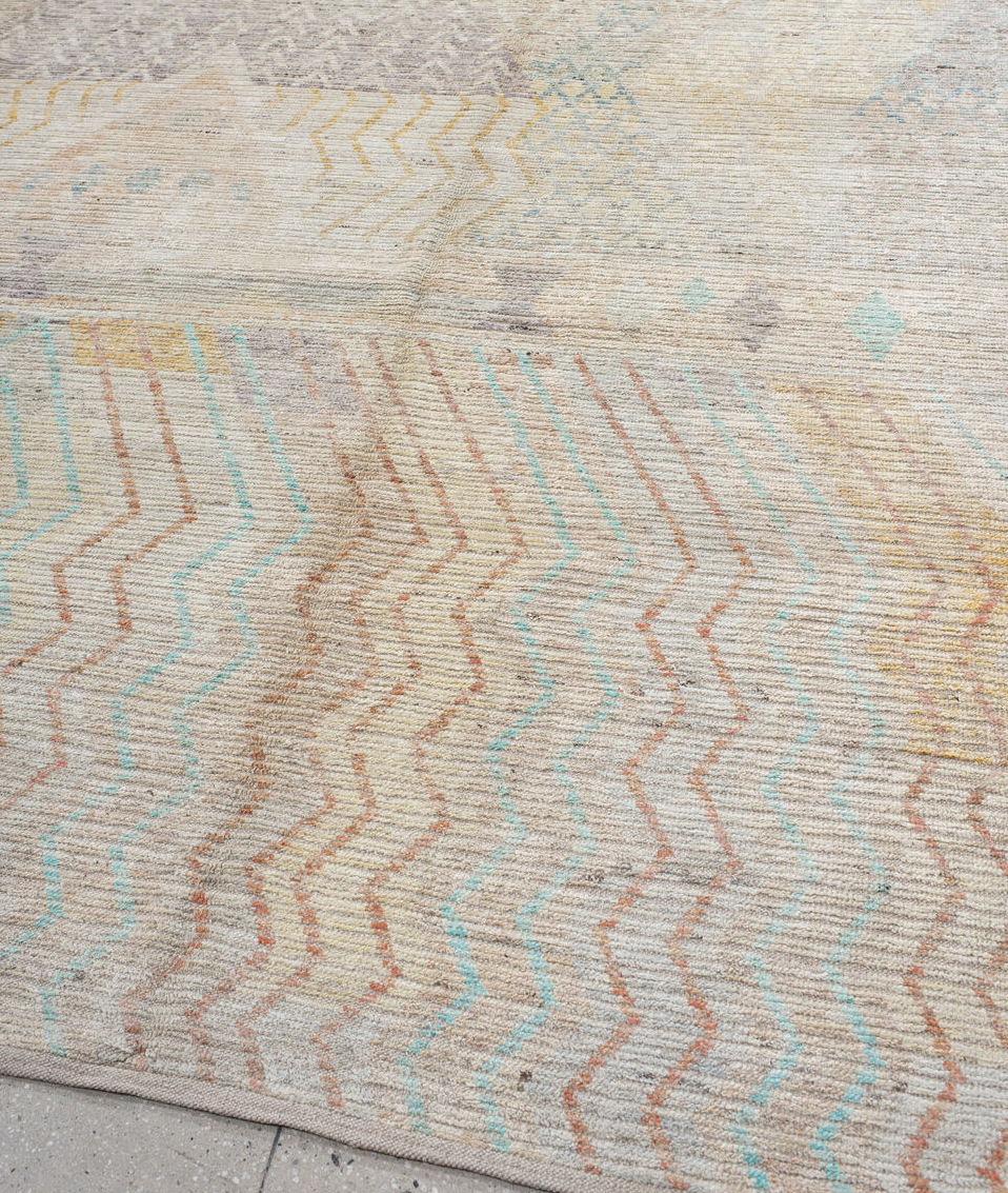 10' x 13' one-of-a-kind handmade vintage Tulu large size rug. Color palette: gray, light gray, off-white, brown, pink