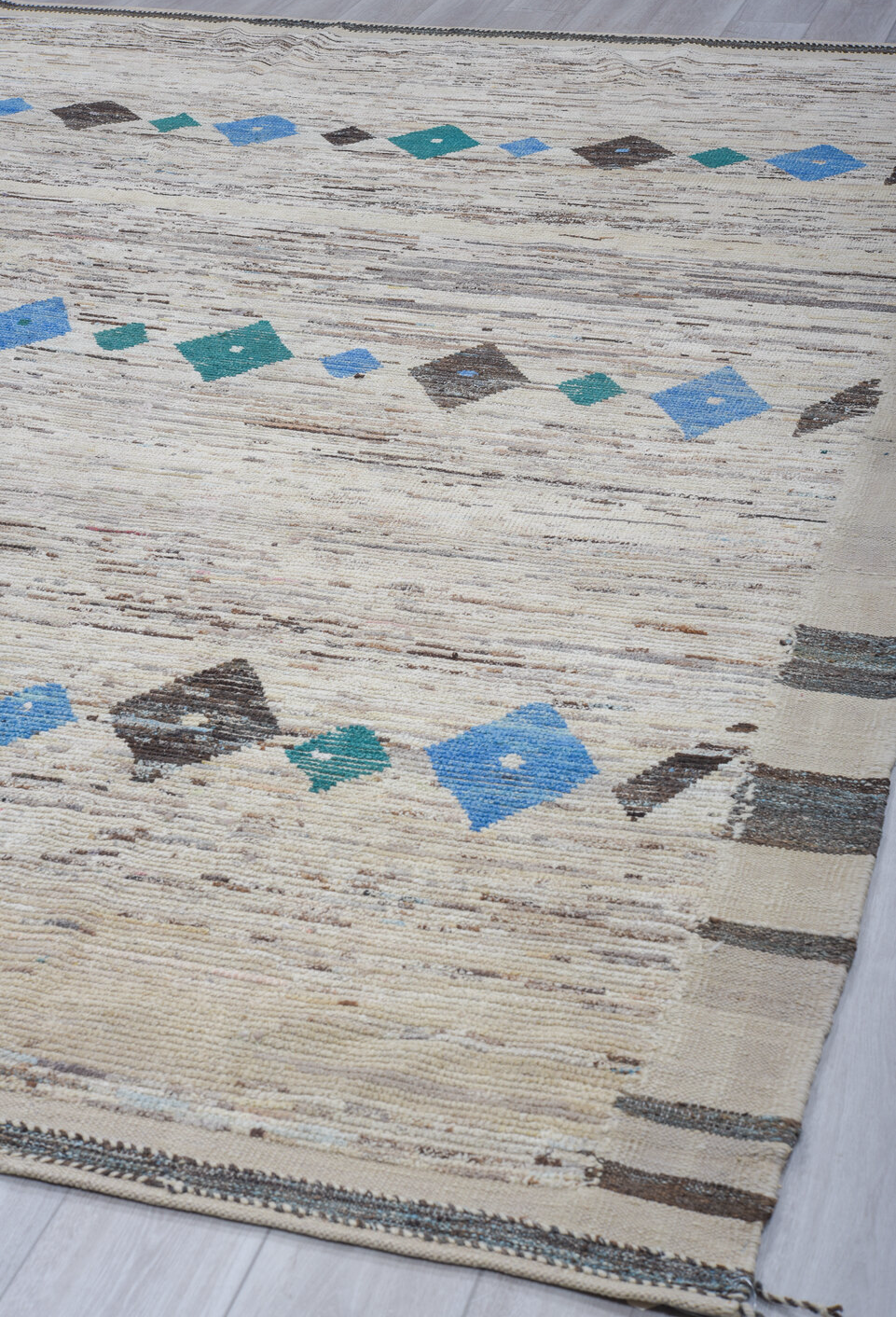 9' x 11' one-of-a-kind handmade vintage Tulu large size rug. Color palette: black, blue, charcoal, dim gray, gainsboro, gray