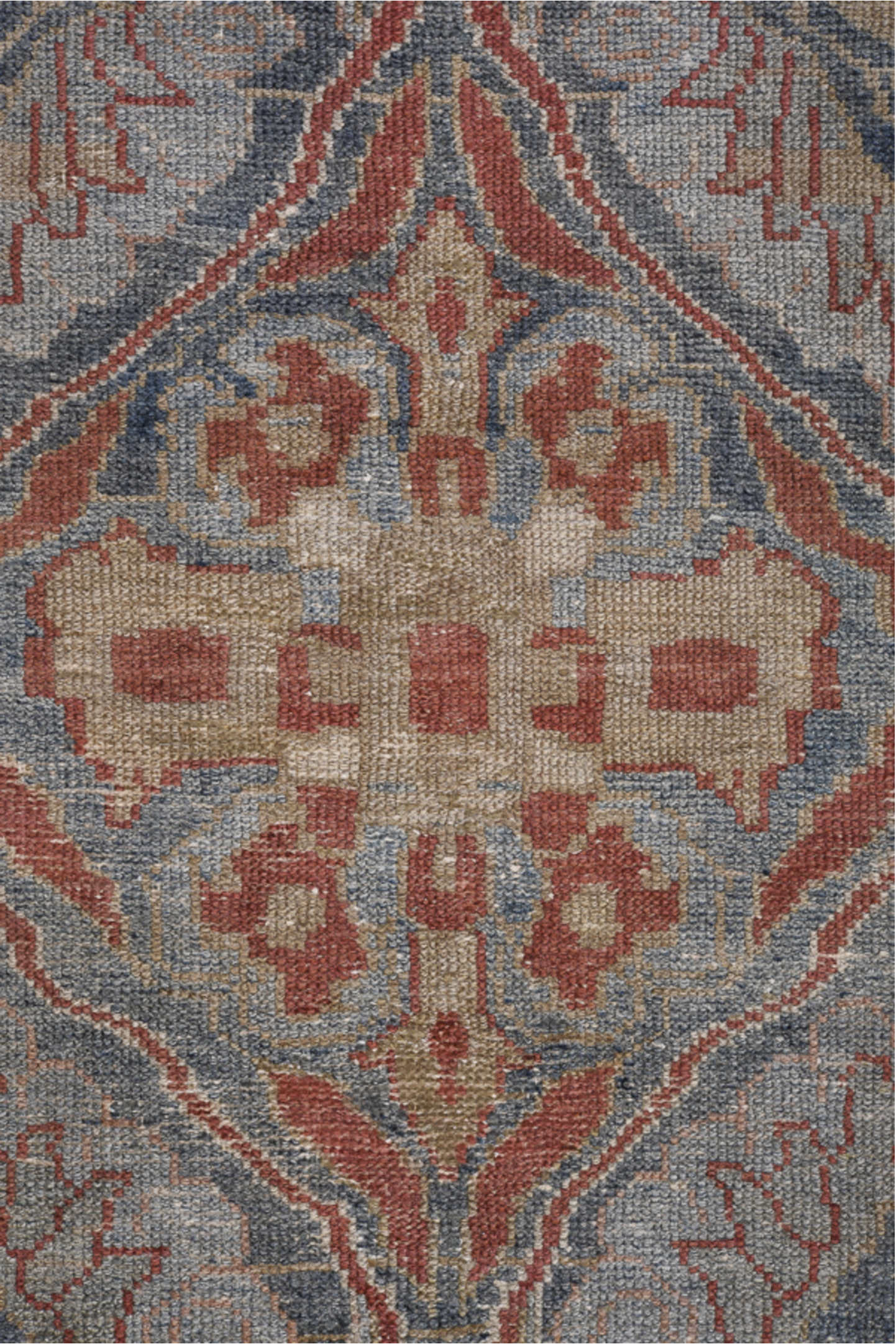 3' x 9' one-of-a-kind handmade vintage Lilian runner rug. Color palette: gray, blue, red, brown, light gray, off-white, pink