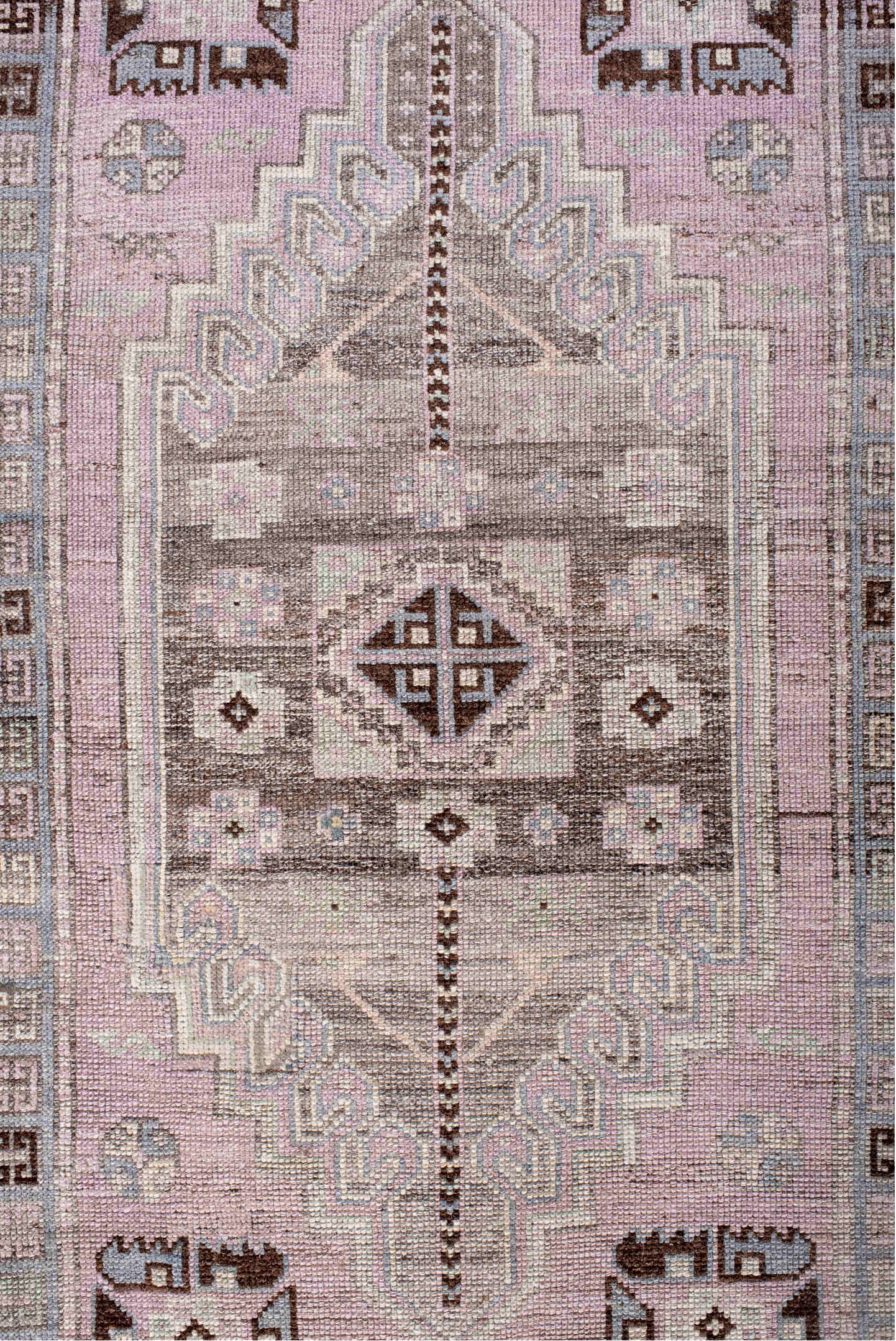 3' x 11' one-of-a-kind handmade vintage Anatol runner rug. Color palette: brown, gray, light gray, off-white, pink