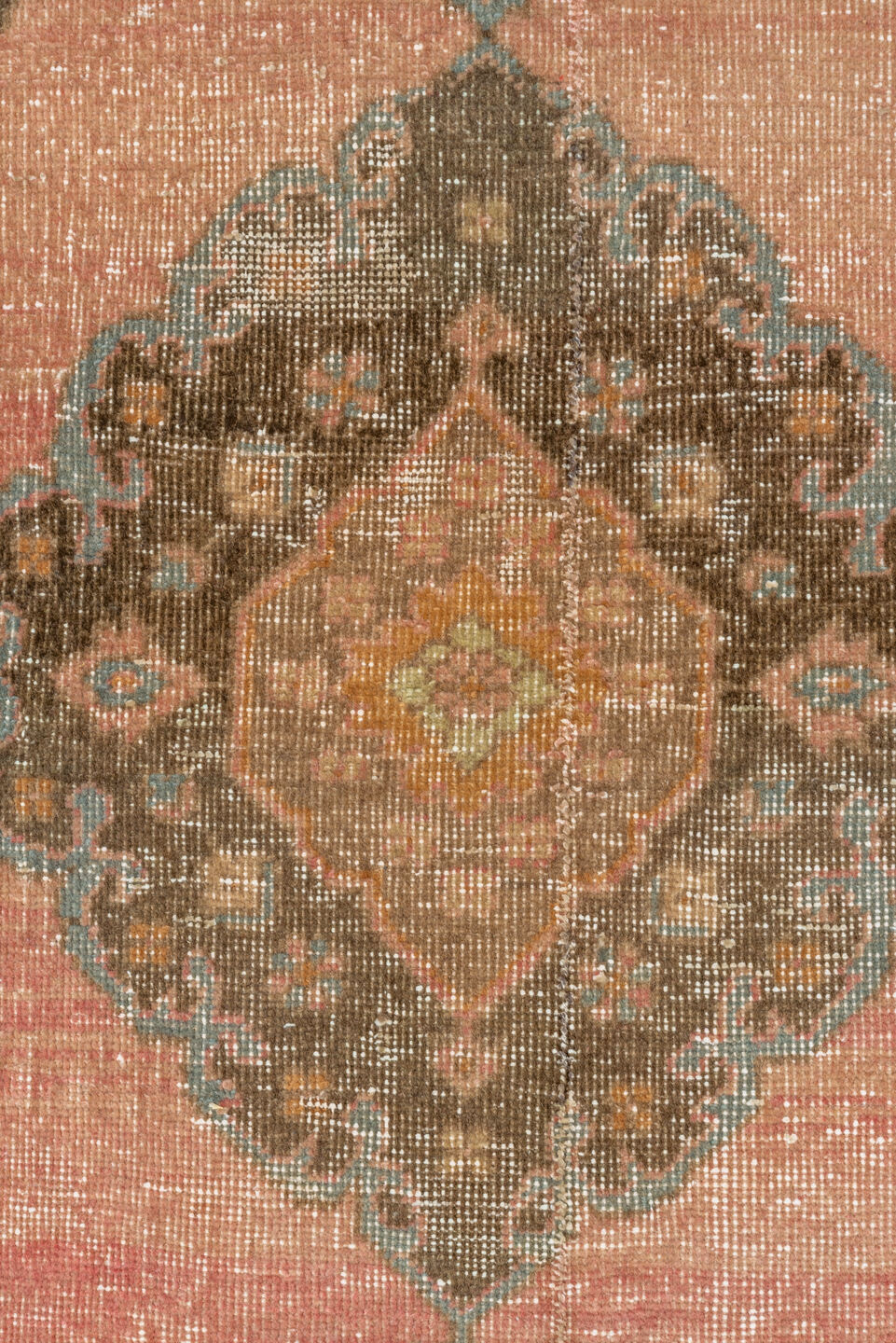 3' x 12' one-of-a-kind handmade vintage Oushak runner rug. Color palette: brown, off-white, orange, pink, snow, white