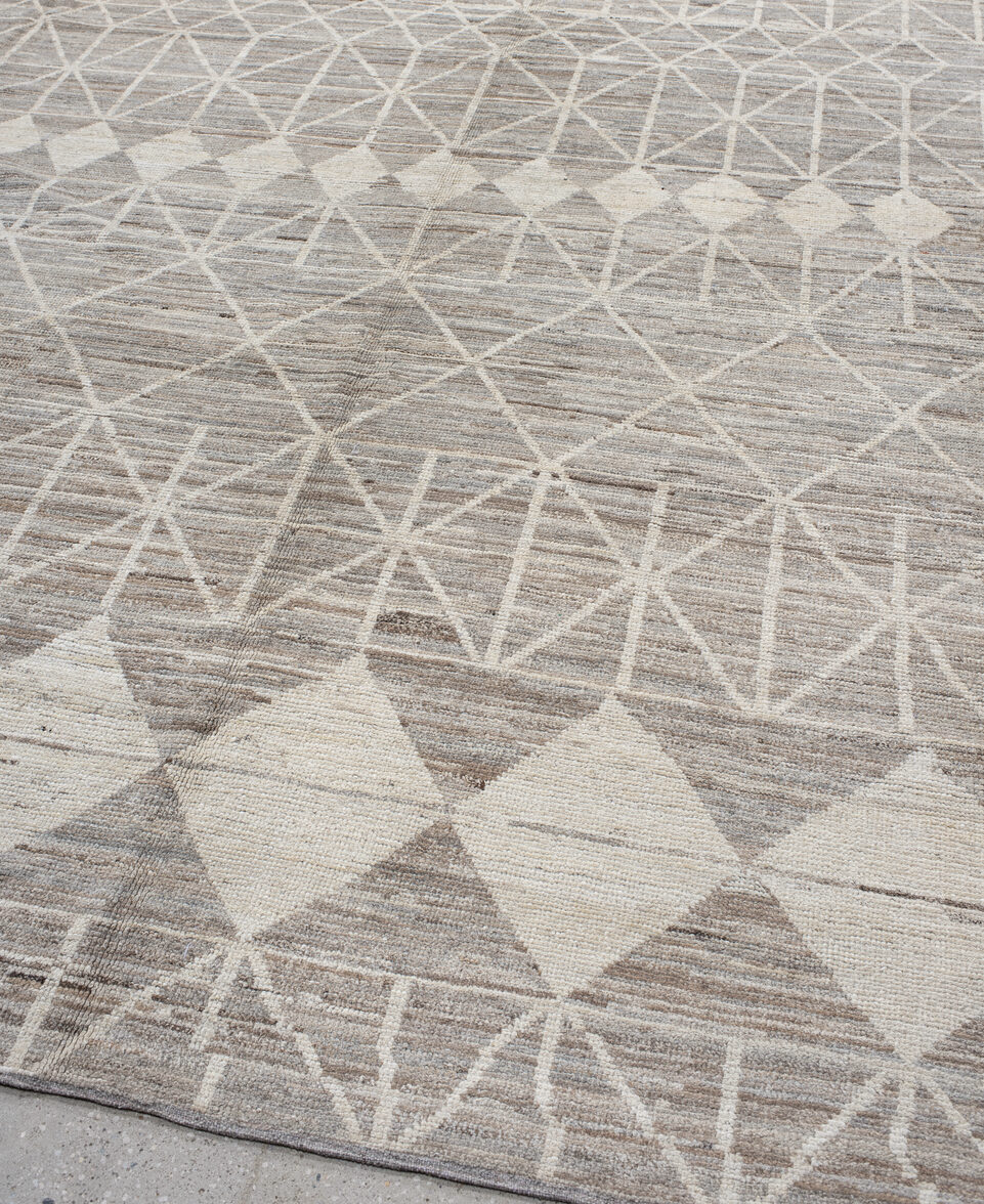 10' x 14' one-of-a-kind handmade vintage Tulu large size rug. Color palette: gray, light gray, off-white, pink, dark gray