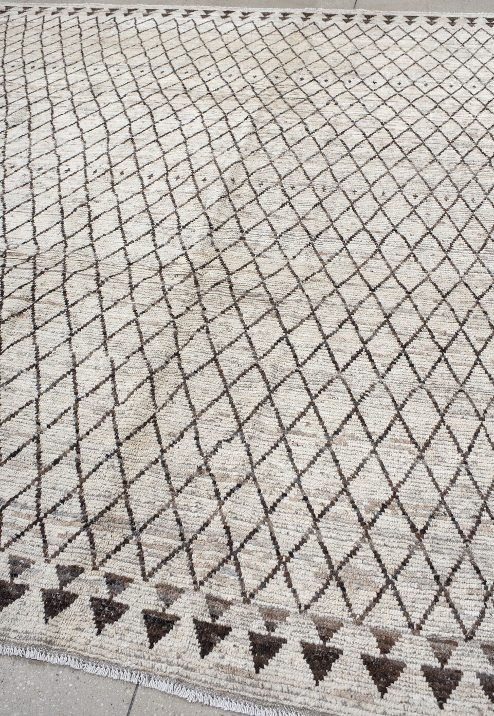 9' x 11' one-of-a-kind handmade vintage Tulu large size rug. Color palette: gray, off-white, light gray, black, blue