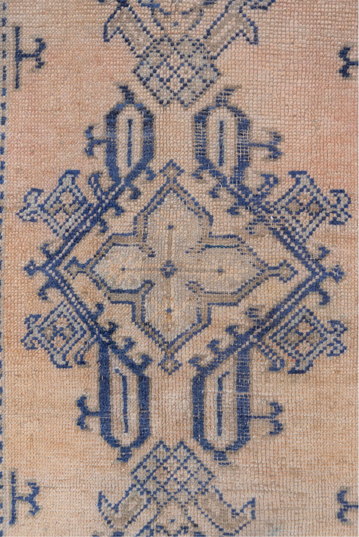 2' x 5' one-of-a-kind handmade vintage Oushak small size rug. Color palette: blue, brown, gray, light gray, off-white