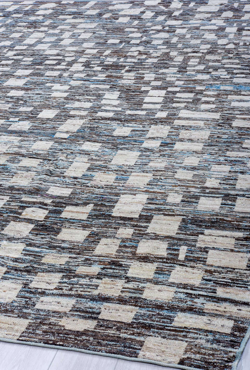 10' x 14' one-of-a-kind handmade vintage Tulu large size rug. Color palette: black, blue, charcoal, dark gray, dim gray