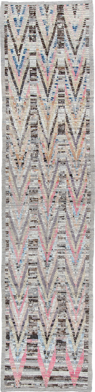 3' x 13' one-of-a-kind handmade vintage Tulu runner rug. Color palette: black, blue, dark gray, gray, light gray, off-white