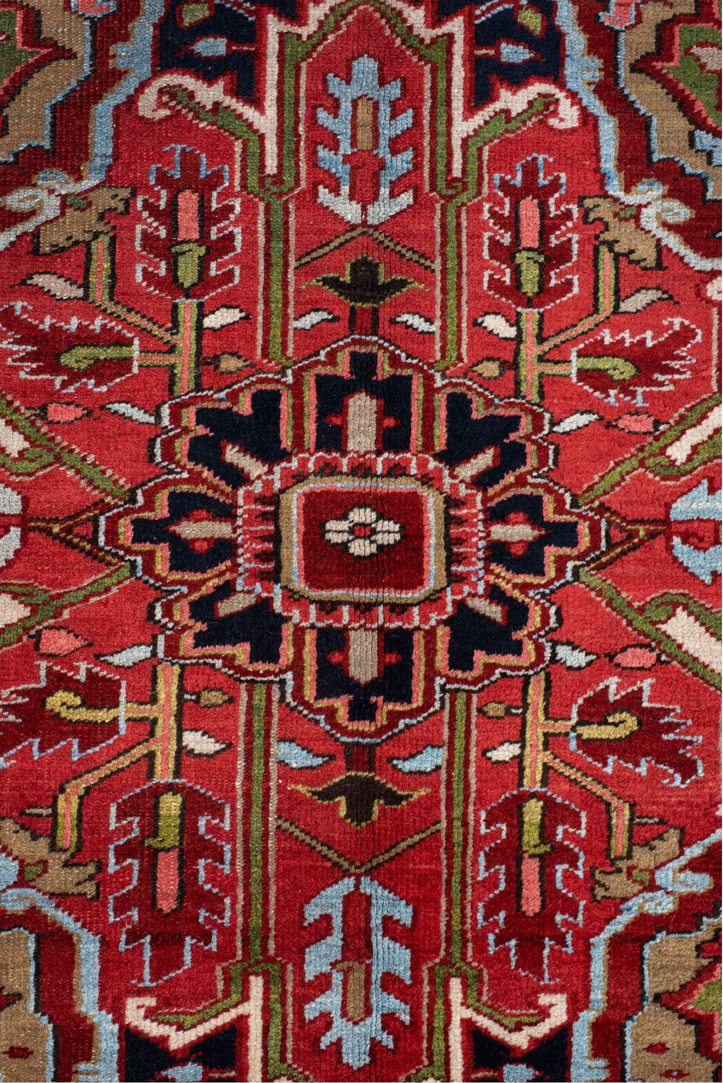 9' x 13' one-of-a-kind handmade vintage Heriz large size rug. Color palette: brown, gray, pink, light blue, red, blue